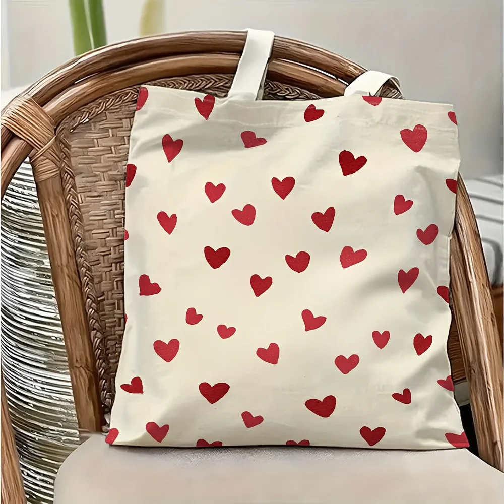 1 Piece of Romantic Pink Heart-Shaped Canvas Shoulder Bag, Lightweight Foldable Storage Tote Bag with Fixed Shoulder Strap, Reusable Shopping Bag, Perfect Gift for Commuting, Travel, Shopping, School, and Holidays