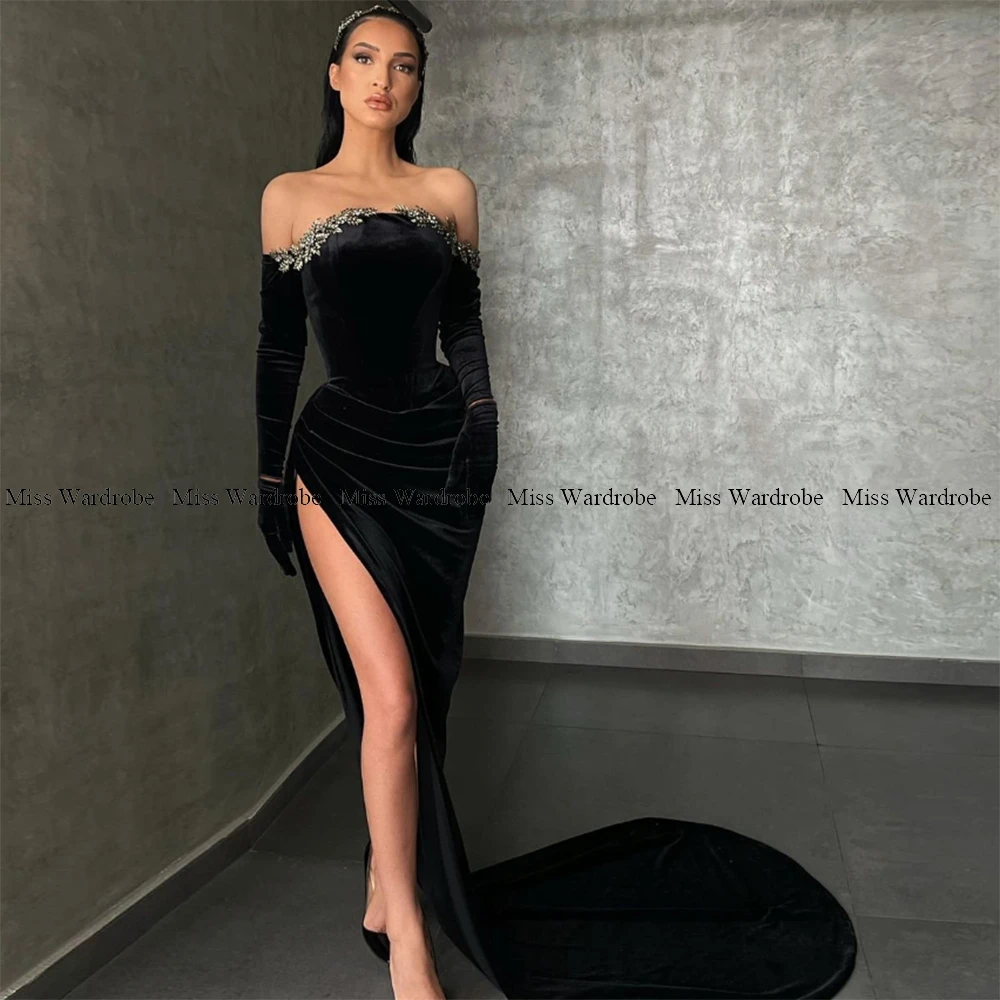 Sexy Black Velour Evening Dresses Leaves Applique Long Sleeves High Side Slit Mermaid Backless Formal Prom Party Gowns Customze