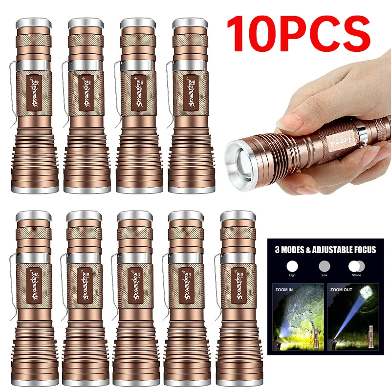 10 Pack Portable LED Flashlights Flashlight Waterproof Rechargeable Zoomable High Lumen 3 Light Modes Super Bright with Clip