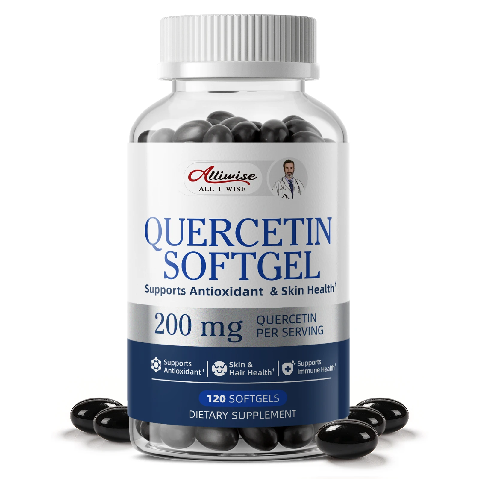 Alliwise Quercetin Complex Softgels 200mg Per Serving with Zinc Green Tea Bromelain Ashwagandha Black Pepper Extract Antioxidant Immune Skin Wellness Support