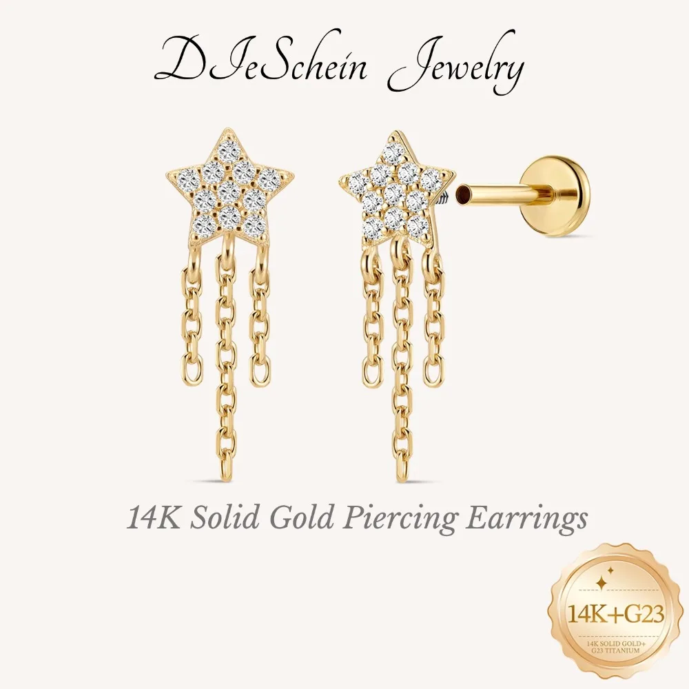 DIeSchein Women 14K Solid Gold Flat Stud Earrings 18G Star Tassel Flat Back Earrings Gold for Piercing Cartilage Earrings Gift