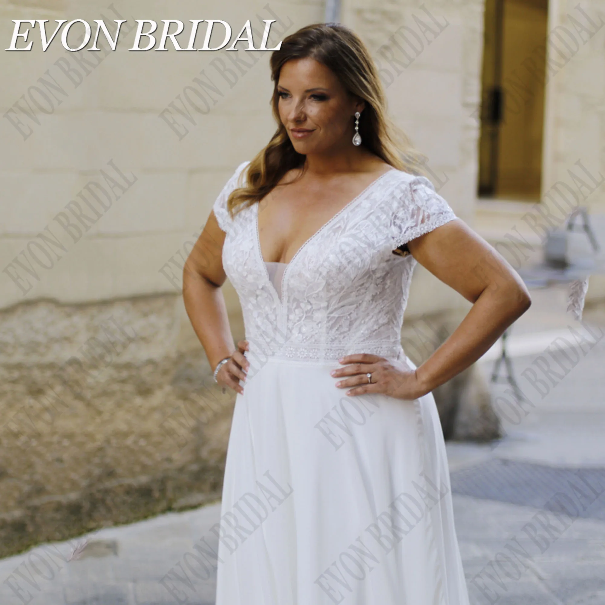 EVON BRIDAL Plus Size Civil Wedding Dress 2024 Bride V-Neck Applique A-Line Lace Up Backless Chiffon Bride Gown Sweep Train