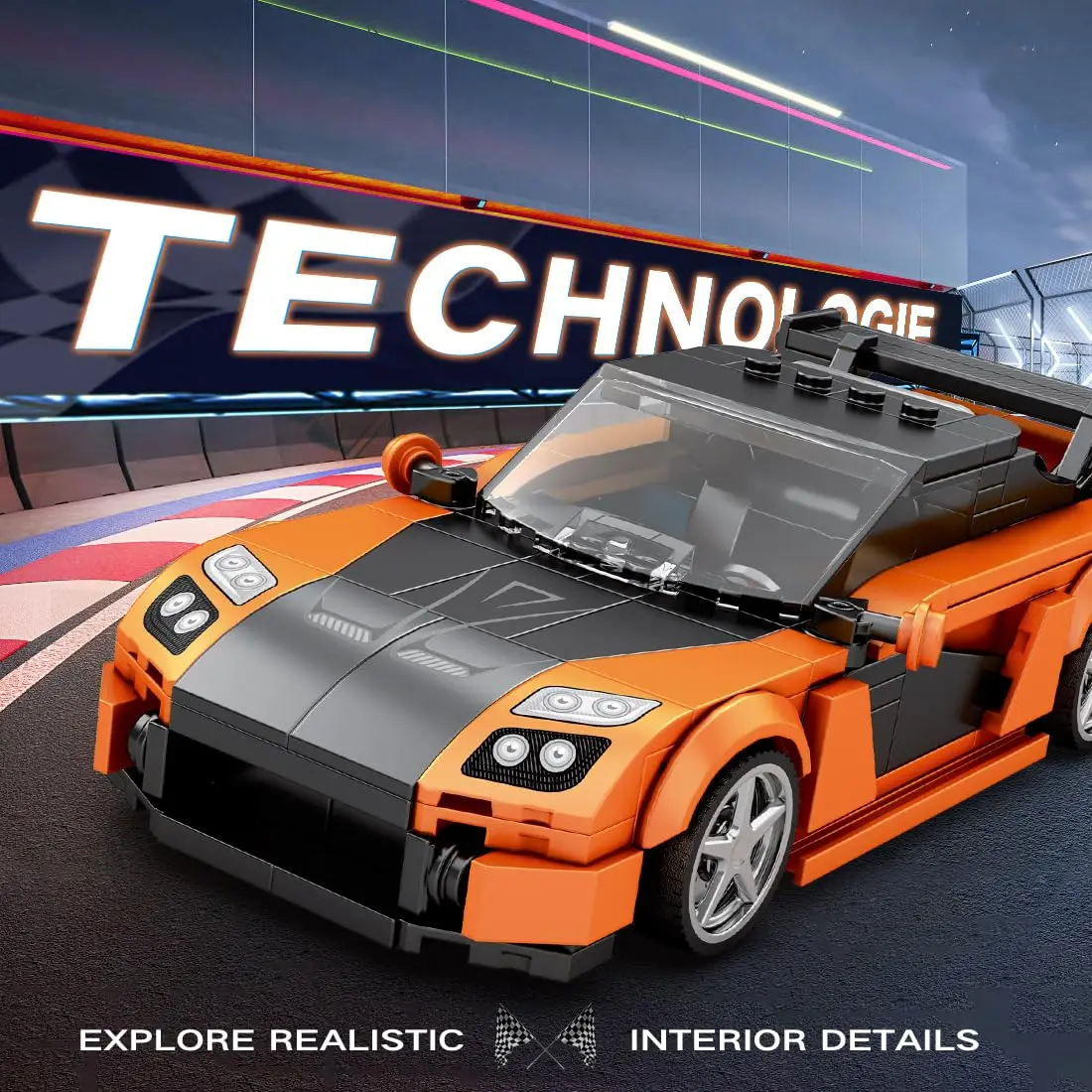 367 قطعة سيارة رياضية برتقالية بنة سيارة المدينة الإبداعية نموذج سيارة كلاسيكية الطوب عرض سطح المكتب لعب للأطفال عطلة Gif #2