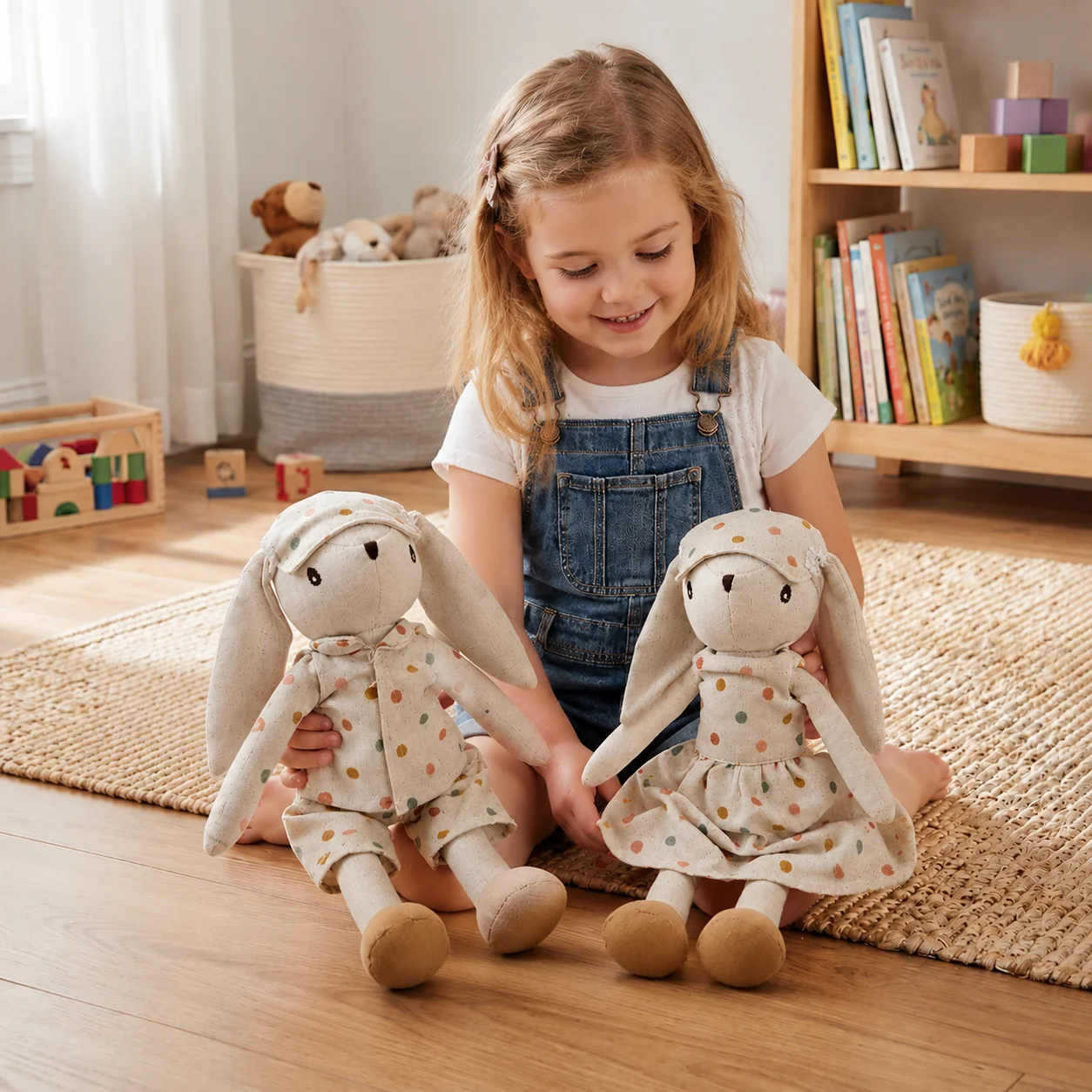 2 Stück Handgefertigte Stoffhasen-Puppen Weiche Leinen-Plüschtiere mit Abnehmbarer Kleidung Montessori Rollenspiel-Geschenk für Kinder Mädchen