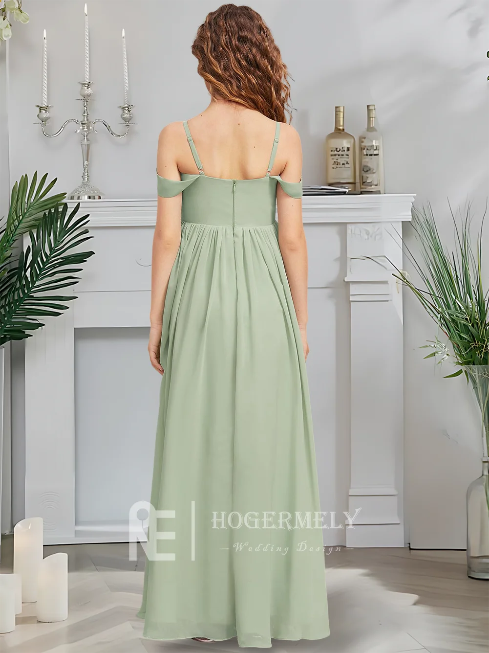 

A Ethereal Cold-Shoulder Junior Bridesmaid Dress Kids Celadon Flower Girl Dress A-Line Floor-Length Chiffon Bow Garden Gala