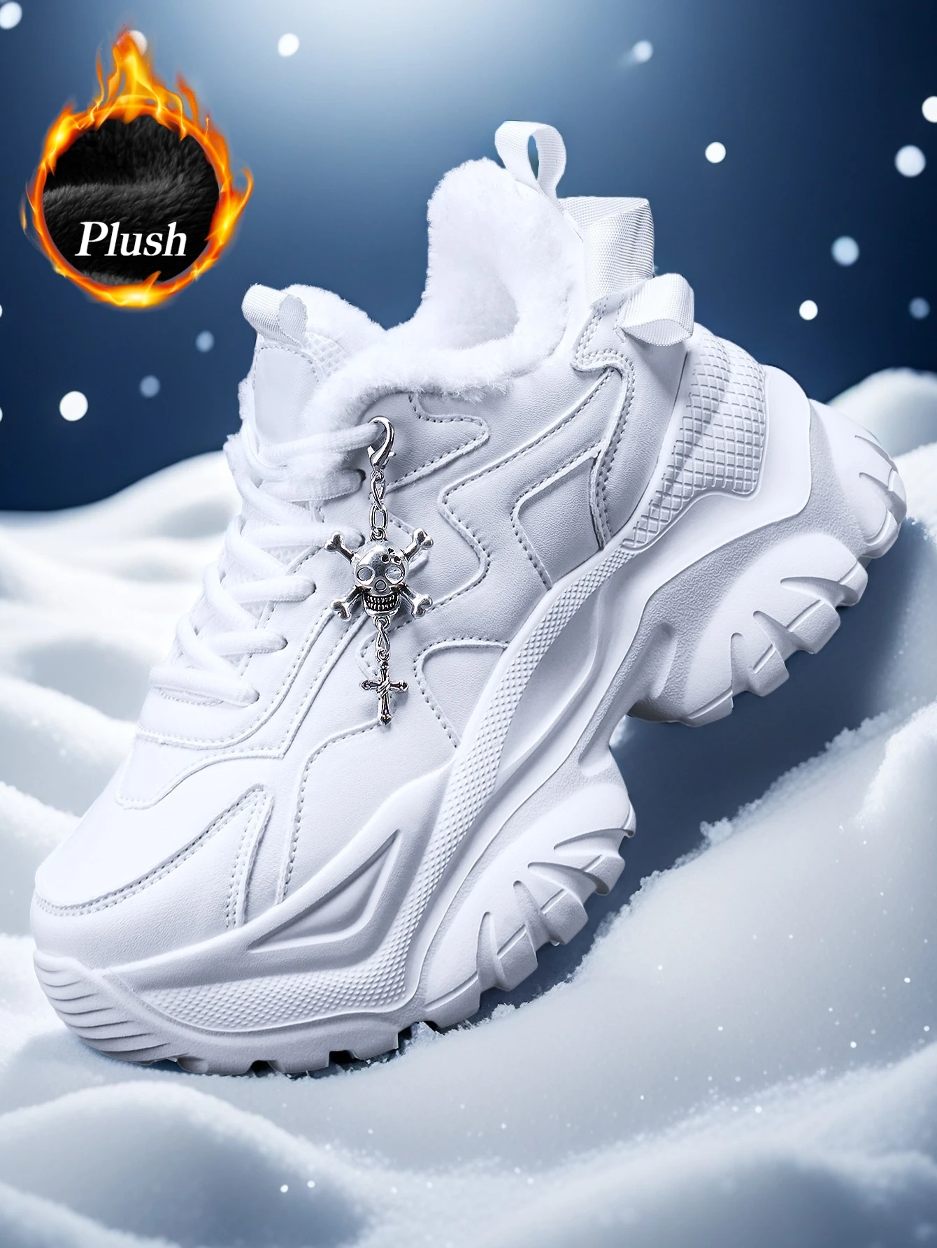 Schwarze vulkanisierte Schuhe im Y2K-Sweet-Cool-Stil für Damen, leichte Eva-Sneaker mit dicker Sohle und 7 cm Absatzhöhe, mit abnehmbarem silberfarbenem Kreuz-Schädel-Anhänger, geeignet für Outdoor-Winterwärme – Detail 4