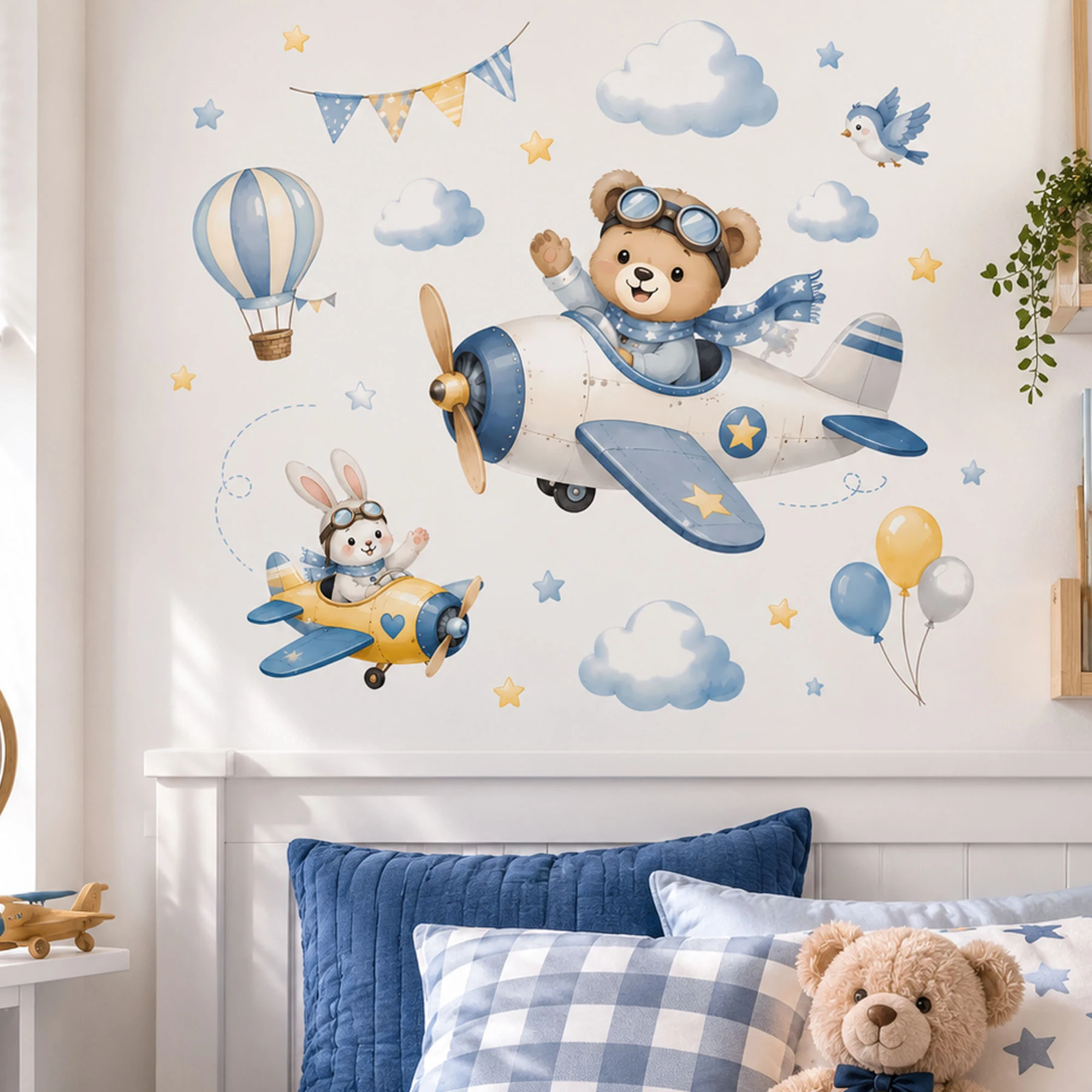 Watercolor Airplane Wall Stickers Pilot Bear Rabbit Decal Hot Air Balloon Self Adhesive Wallpaper for Kids Nursery Decor