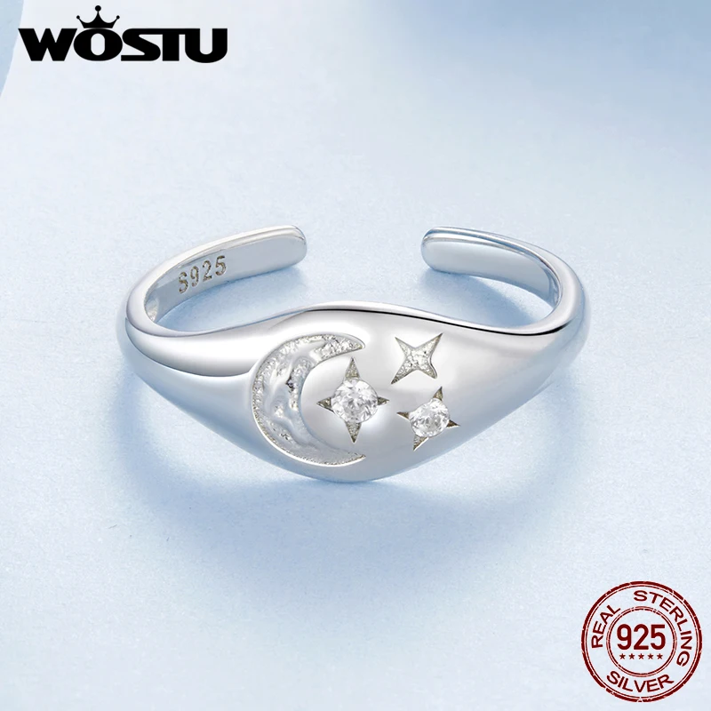 WOSTU 925 Sterling Silver Star and Moon Seal Open Ring with Zircon For Women Fine Jewelry Party Date Daily Gift FNR637-E