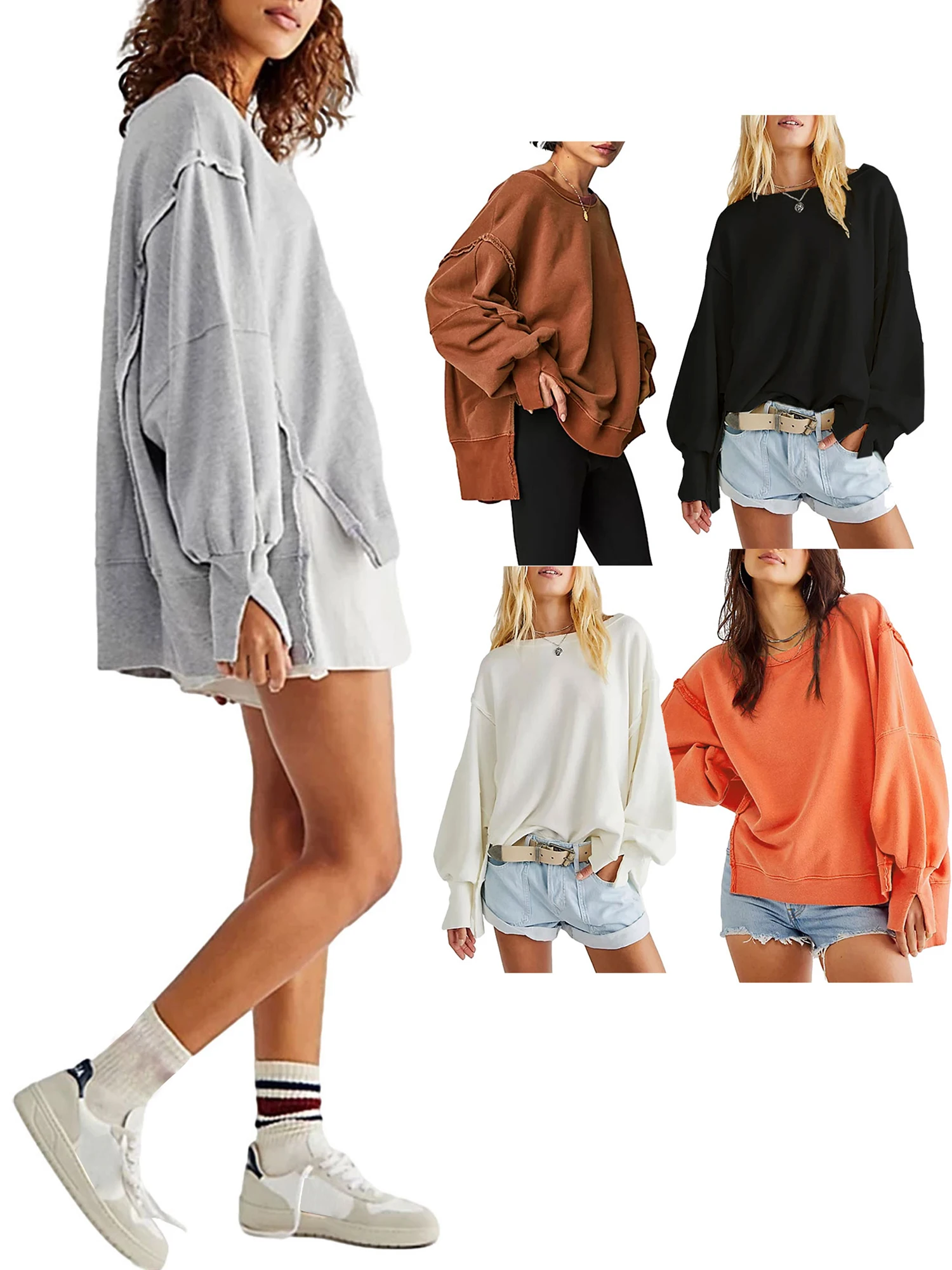 Women’s Slouchy Oversized Sweatshirts Fall Winter Ladies Long Sleeve Side Slit Crew Neck Drop Shoulder Fall Pullover Tops