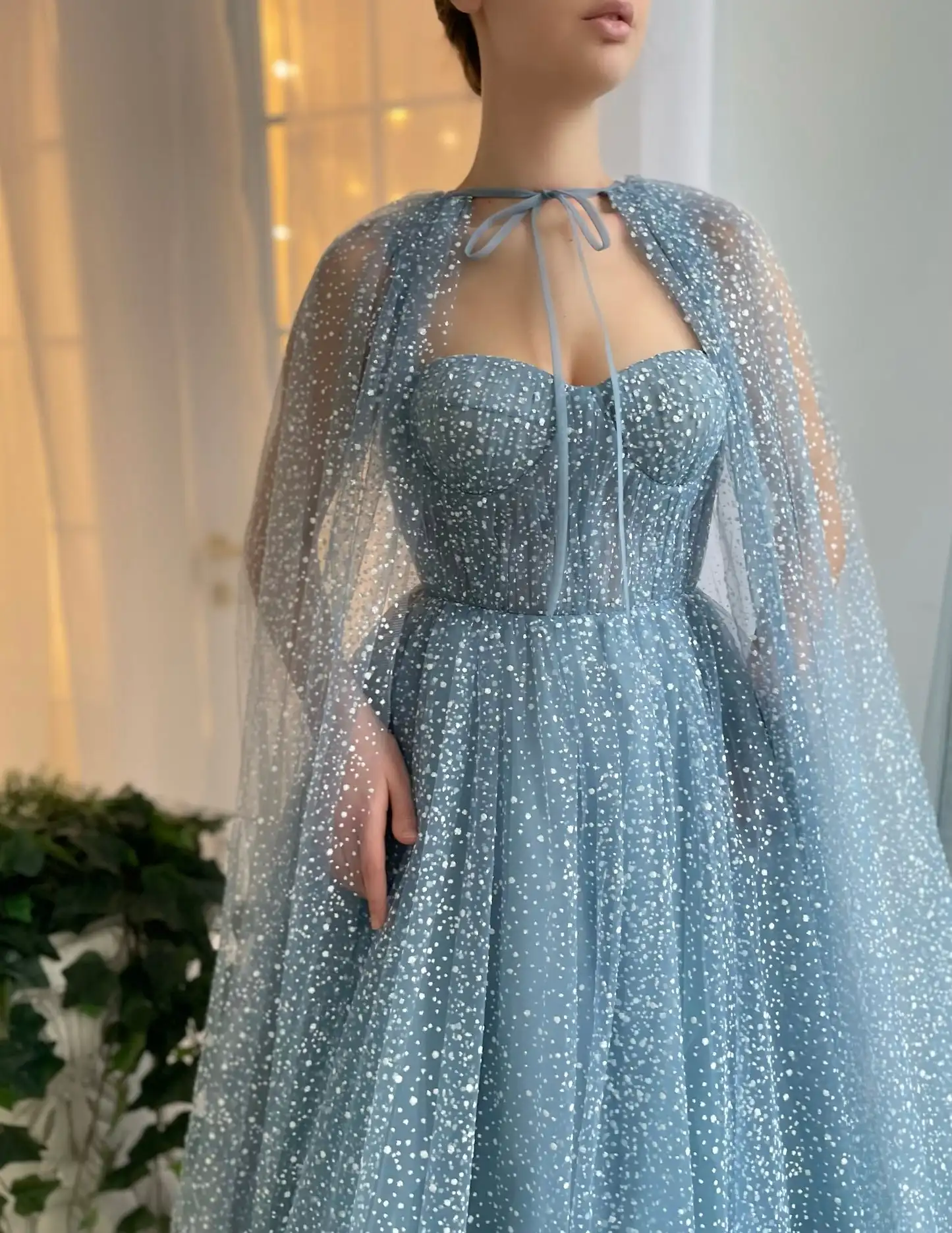 Dusty Blue Sparkly Tulle Prom Dresses with Long Cape Sweetheart A-Line Formal Women\'s Evening Formal Gowns Vestidos De Fieast