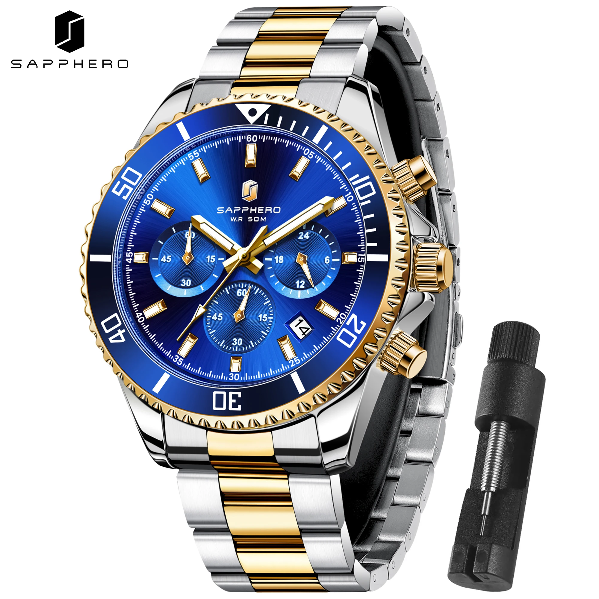 SAPPHERO Men's Luxury Quartz Chronograph Watch Stainless Steel Case 50M Waterproof Luminous Hands Date Display Sport Business Fashion Wristwatch Elegant Casual Timepiece for Men Daily Wear Premium Gift for Father Husband Birthday