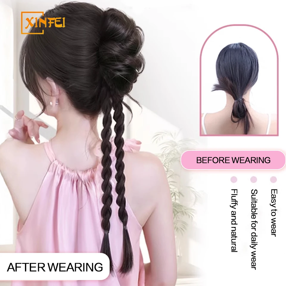 XINFEI Synthetic Wig Braid Female Pony Tail Braid Half Tied High Pony Tail Dopamine Fried Dough Twists Braid Boxing Braid Wig