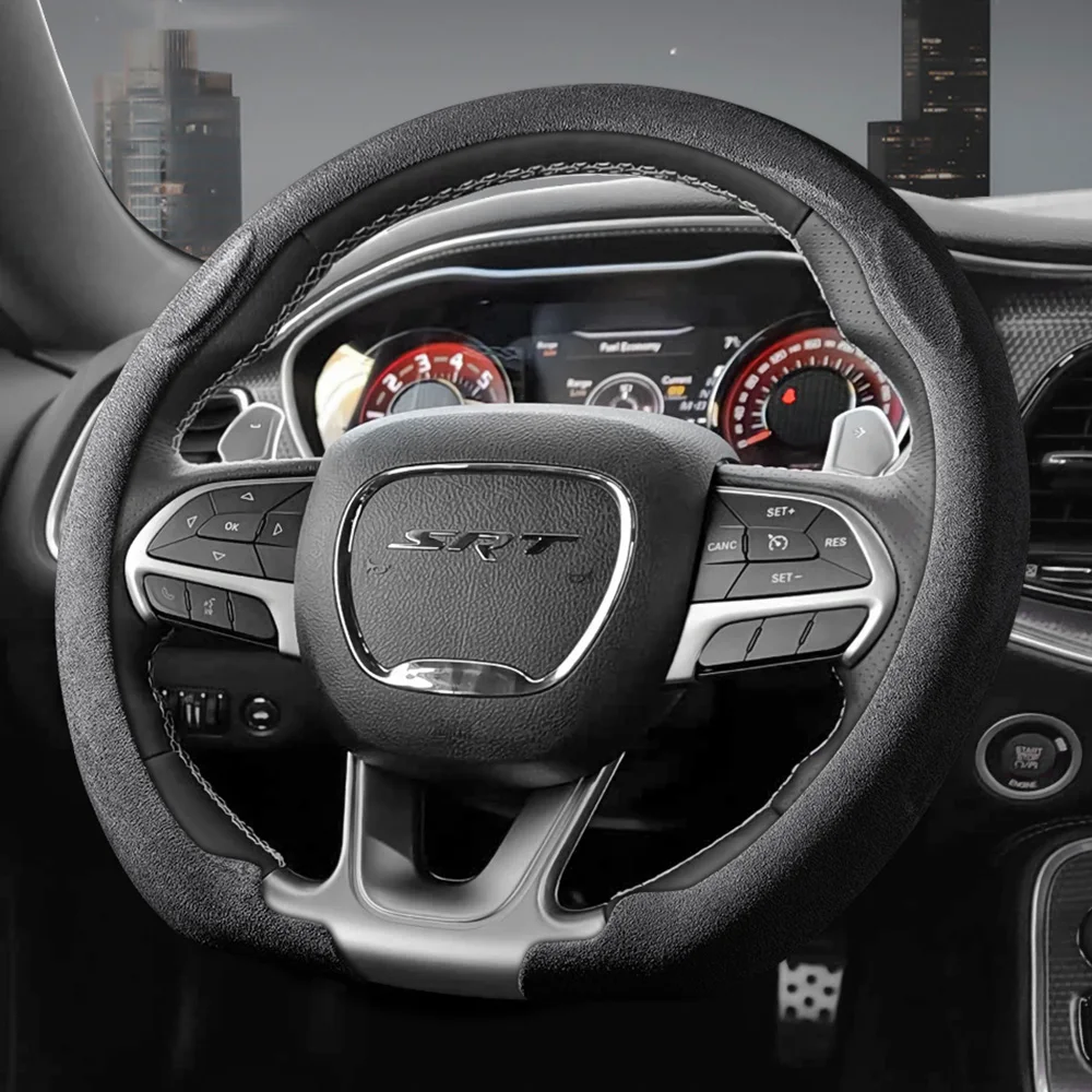 Faux Suede Steering Wheel Cover for Dodge Integrated Snap-On Ultra-Thin Design Non-Slip Durable Charger Durango Hornet Attitude Journey Black Burgundy Brown Mocha Orange Red Pink Green White Light Yellow