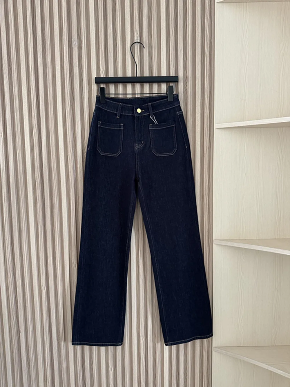 

Women's new classic four sided elastic straight leg versatile deep blue jeans, small straight leg mid waist jeans