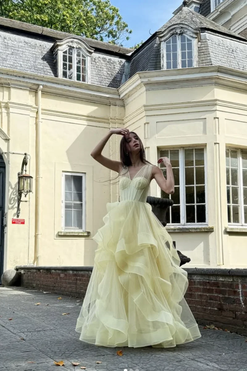 Jessica Delicate Light Yellow Evening Dresses Fluffy Tulle Layering Prom Dresses Princess Formal Party Dresses Customized