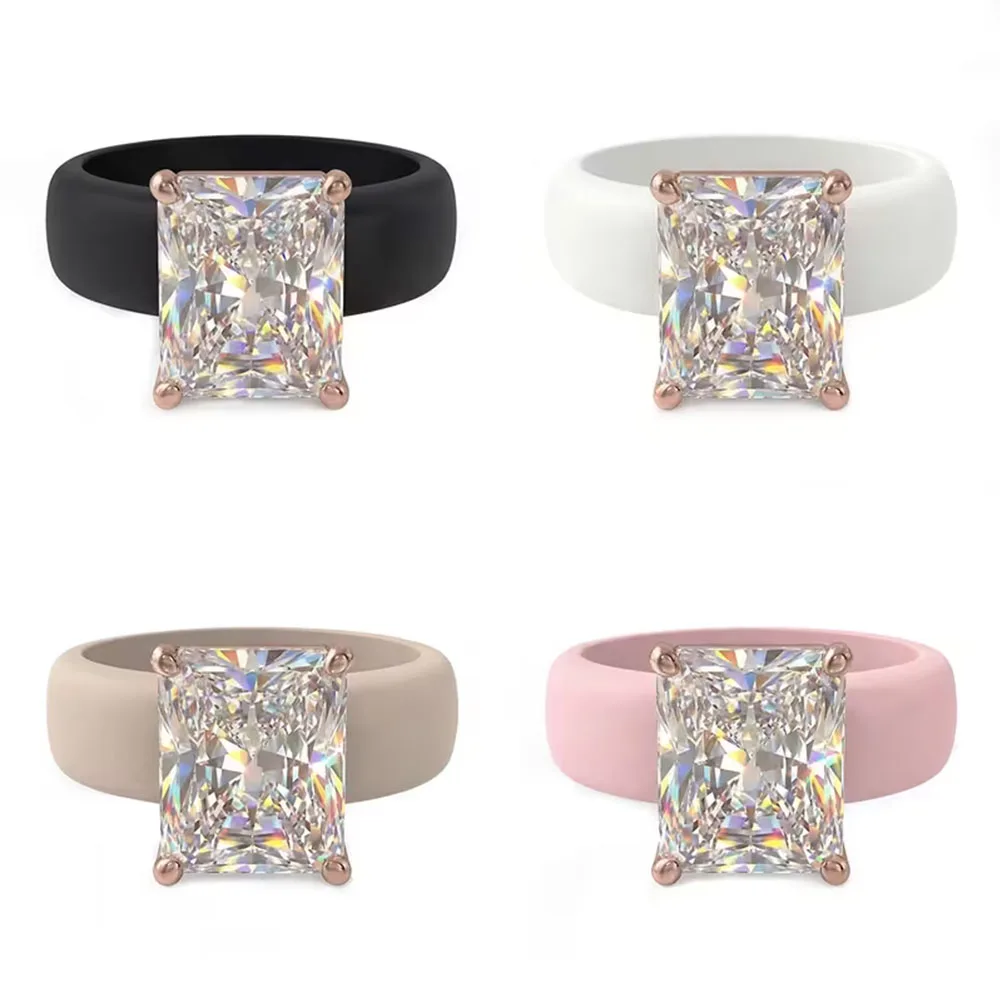 Anillo de Silicona para Mujer con Gran Piedra Rectangular de Circonia Cúbica, Engaste de Oro Rosa, Anillo Deportivo Cómodo para Boda, Joya Antialérgica