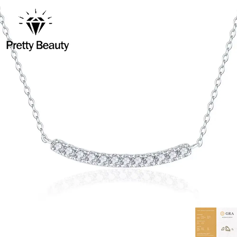 Pretty Beauty Moissanite Curved Bar Pendant Necklace 925 Sterling Silver for Women Hypoallergenic Jewelry Gift for Her Birthday