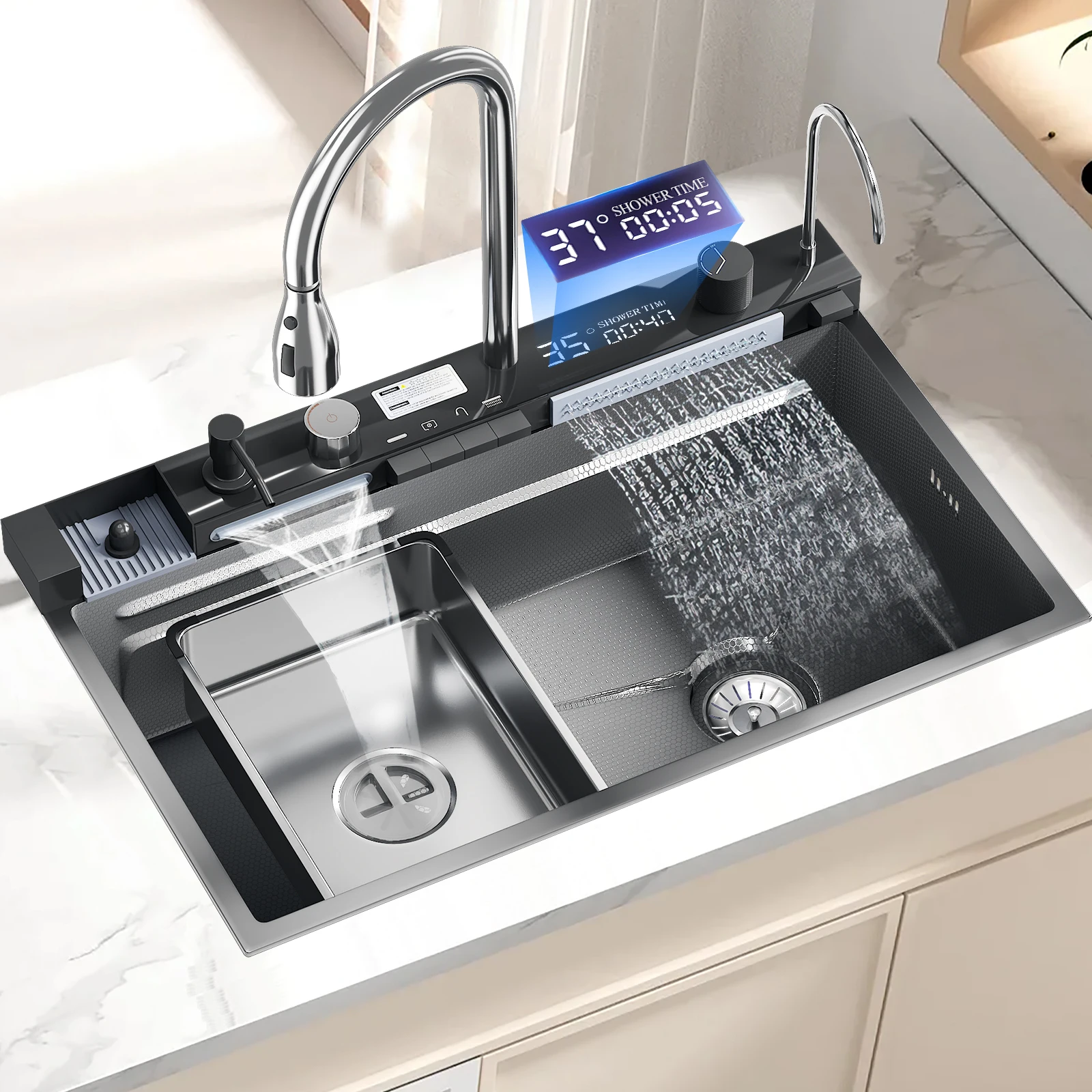 Évier de cuisine cascade en acier inoxydable 304, grand évier simple, affichage numérique Intelligent, sans saleté ni gâche, ensemble de robinets 75x45cm