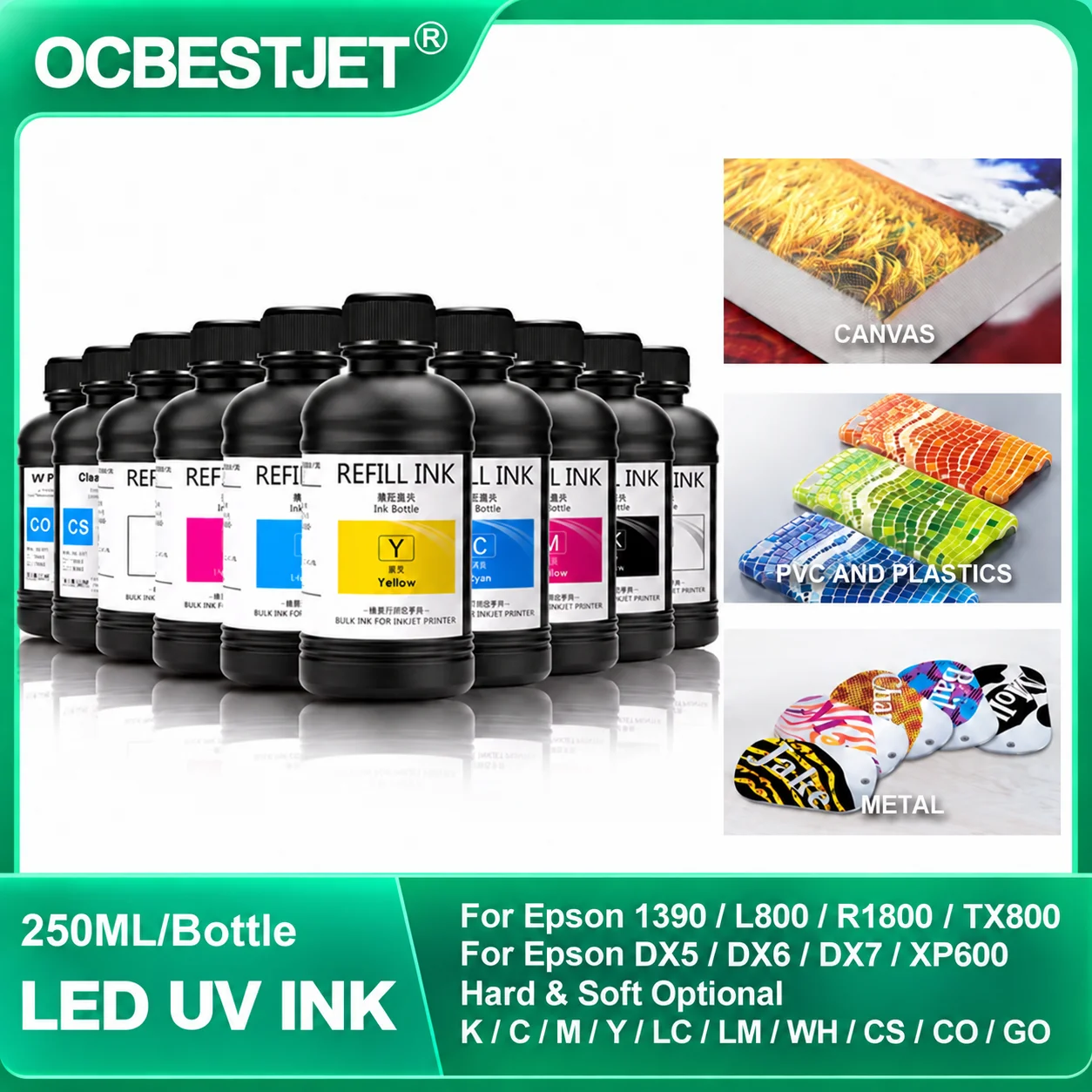 250ML LED UV Ink For DX4 DX5 DX6 DX7 DX10 TX800 XP600 Printhead For Epson 1390 L800 L1800 L805 R1800 R1900 UV Modified Printer