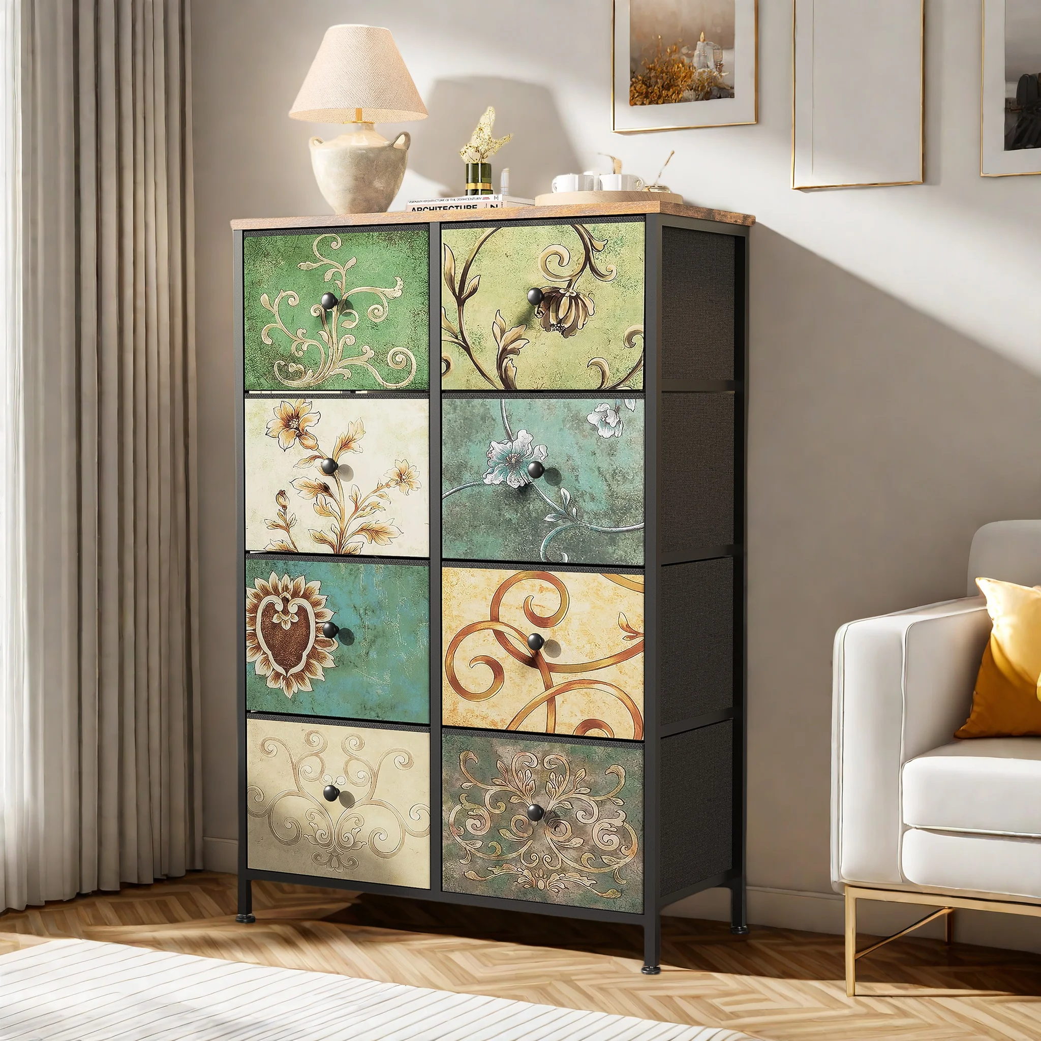 Toeletta bohémien, cassetto, cassetto, cassetto, giro con tavola di legno floreale retrò, mobili, camera da letto per camera da letto