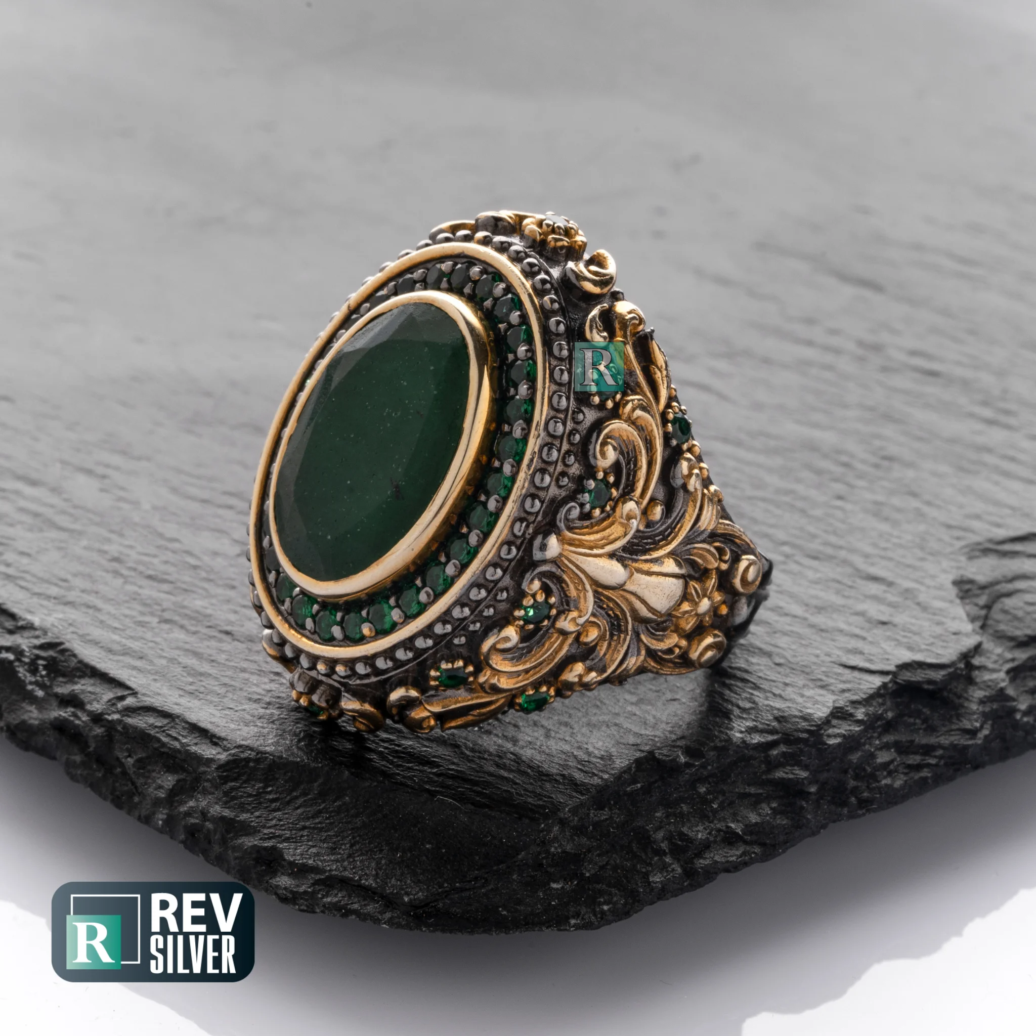 Handcrafted Emerald Gemstone Men's Ring - Exquisite Paruk Artistry and Carved Handiwork, 925 Sterling Silver with Gold Plating