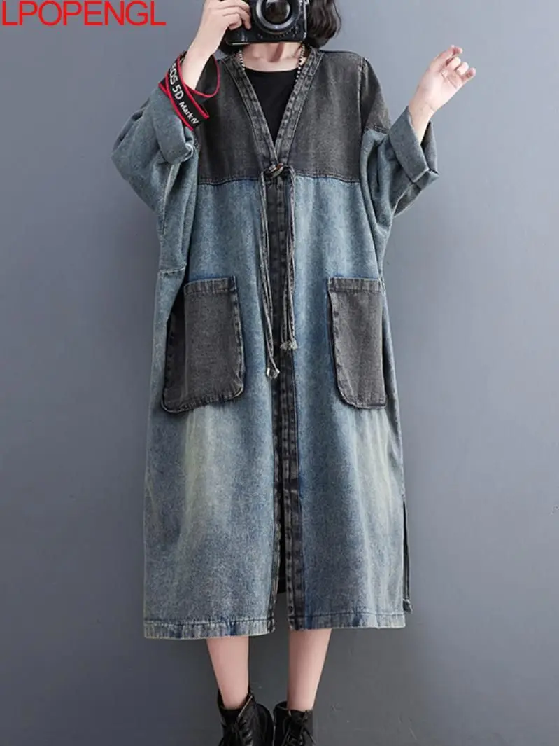 2022 Fashion Denim Stitching Long Sleeves Contrast Color Belt Long Coat Women's Autumn And Winter New Loose V Neck Windbreaker