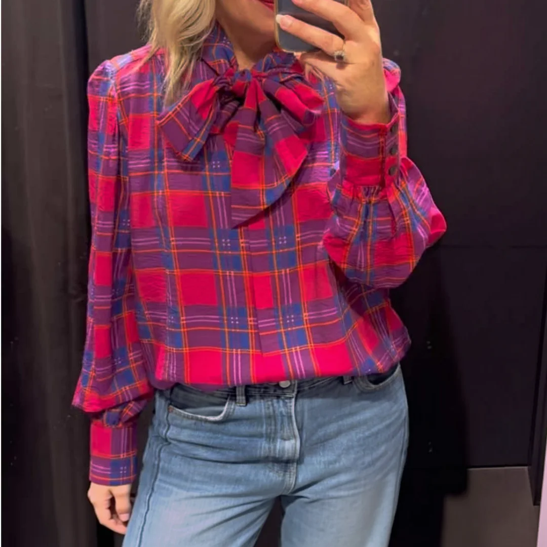 Blusa de cuadros escoceses de estilo vintage para mujer, con lazo en la parte delantera, mangas largas abullonadas, de corte holgado, ideal para el trabajo, la oficina o para un look casual.