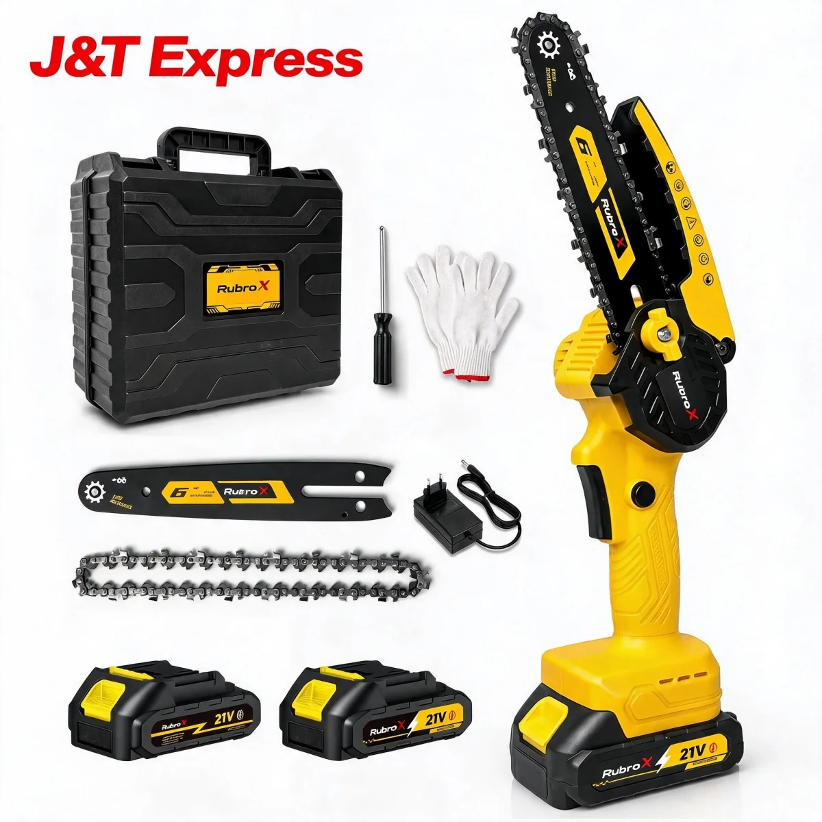RubroX Chainsaw for cutting thin, not thick, branches, 600 W, 21 V, 6-inch mini chainsaw, premium dual-voltage charger