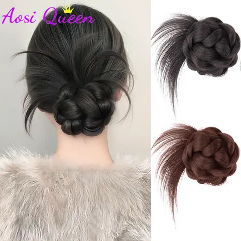 AOSI 합성 하프 타이 더블 헤어 번들 지저분한 고양이의 귀 헤어 번들 로우 클로 Chignon 랩 여성용 헤어 테일 확장