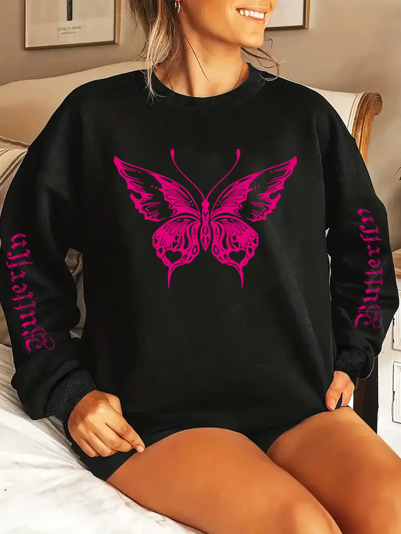 Casual Sweatshirt, Women\'s Butterfly Print Long Sleeve Round Neck Sweatshirt