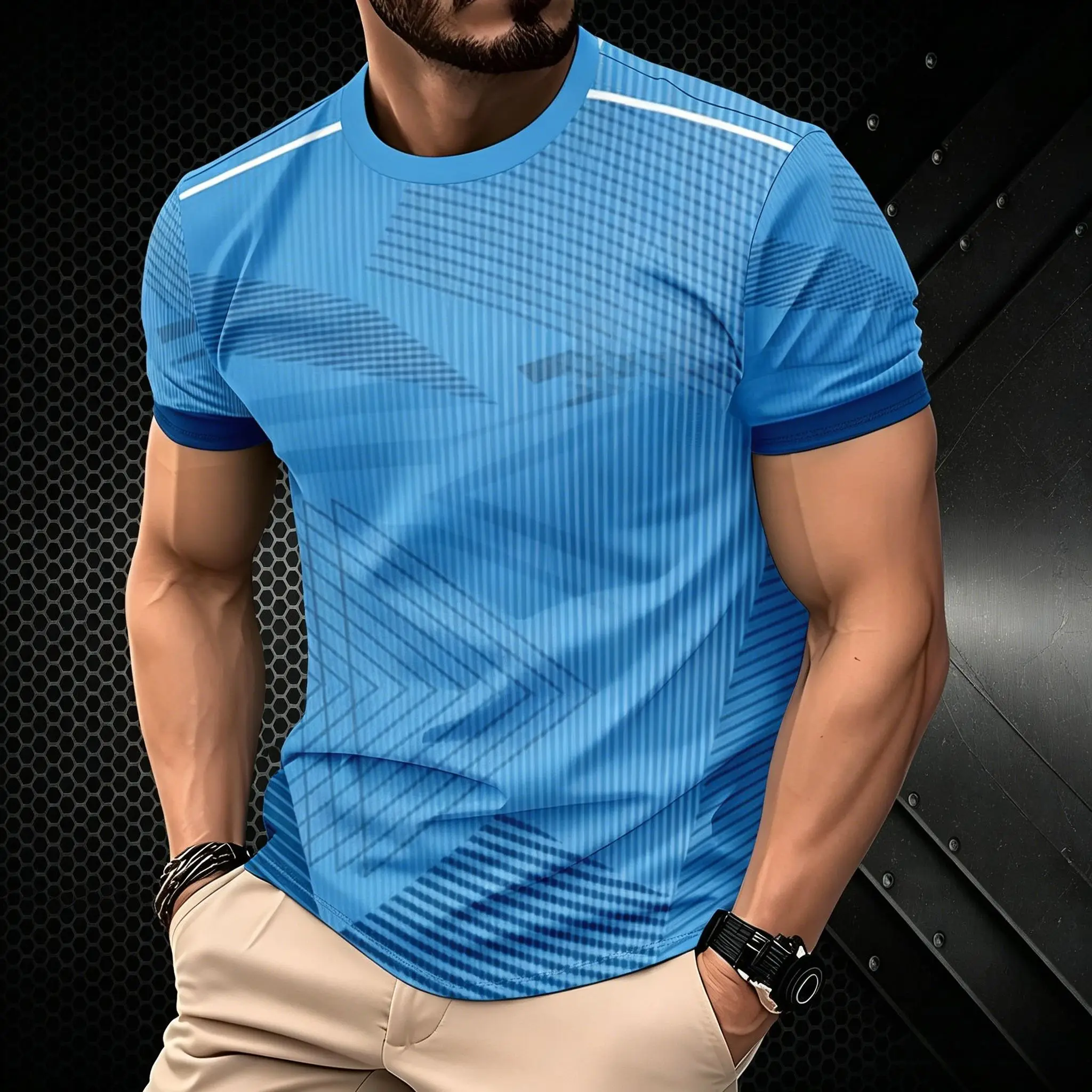 Sport-T-Shirt für Herren, hellblauer Farbverlauf mit geometrischem Linienmuster, schnell trocknend, dehnbar, atmungsaktiv, für Workout, Laufen, Training