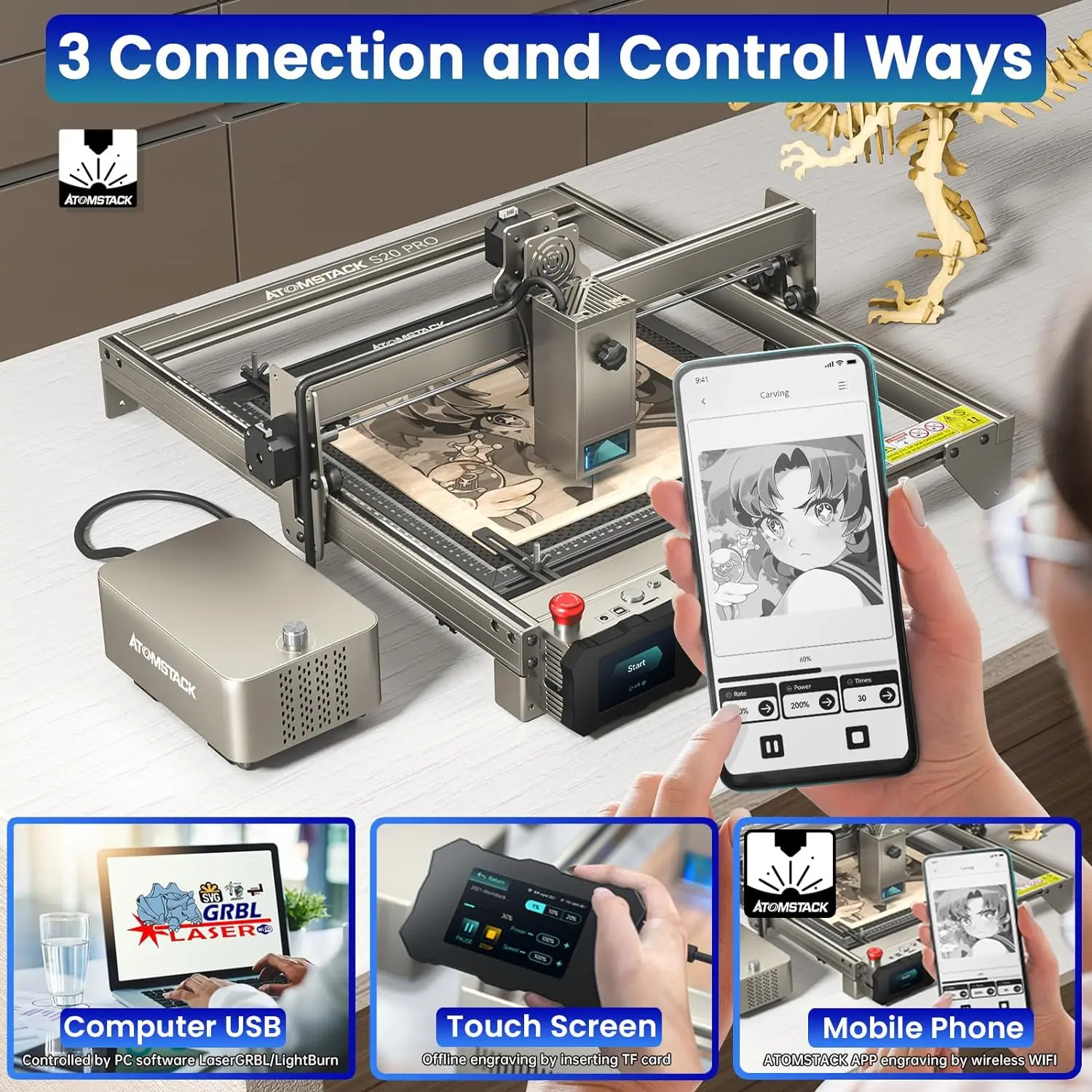 ホームサポートキット付きプロレーザー彫刻機,wifi付きATOMSTACK-S20 w彫刻機,DIY切断機,x20,130