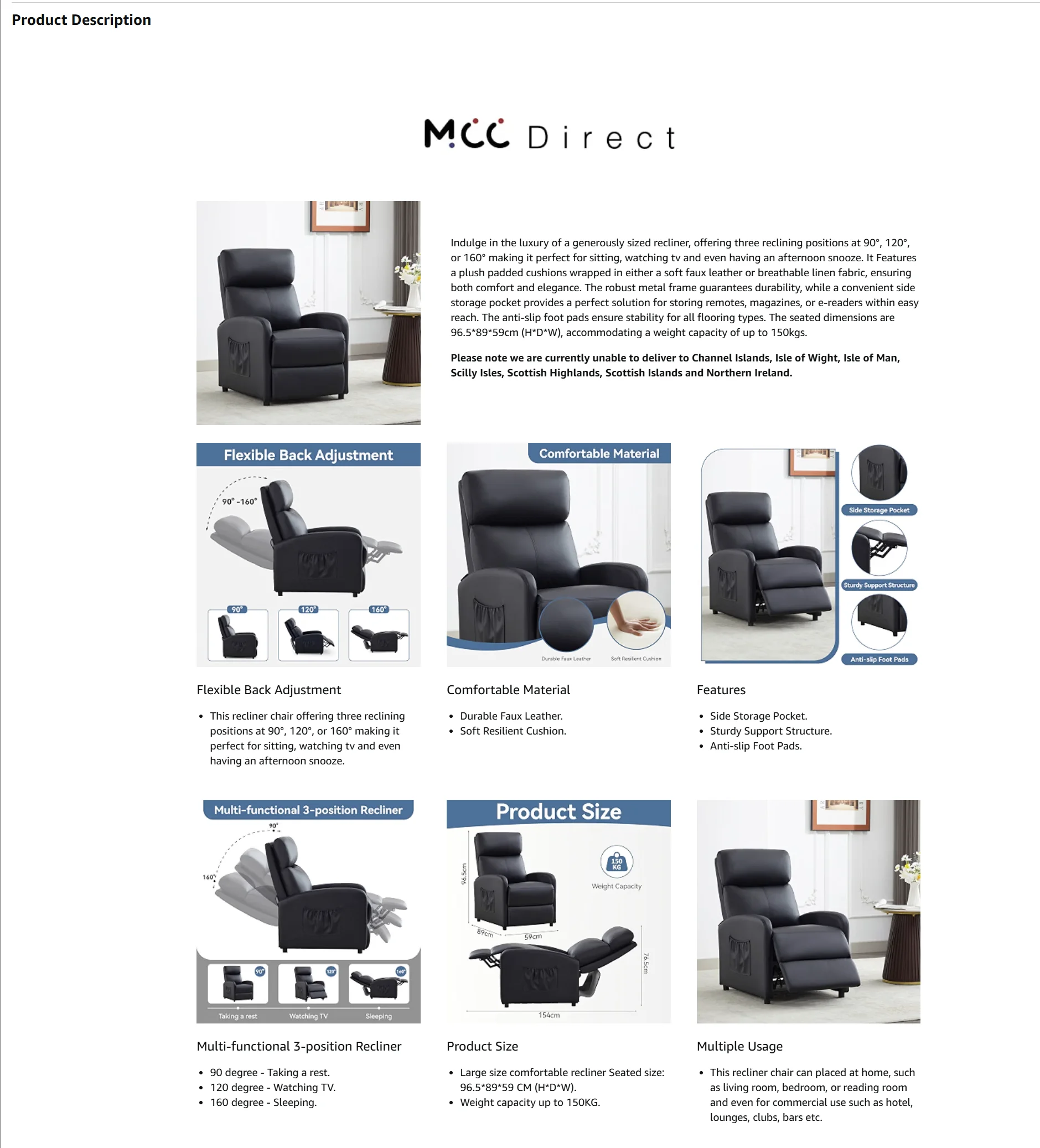mcc direct Push Back Recliner Chair with Lumbar Support, Padded Backrest, Side Pocket and Adjustable Leg Rest for Home Theatre