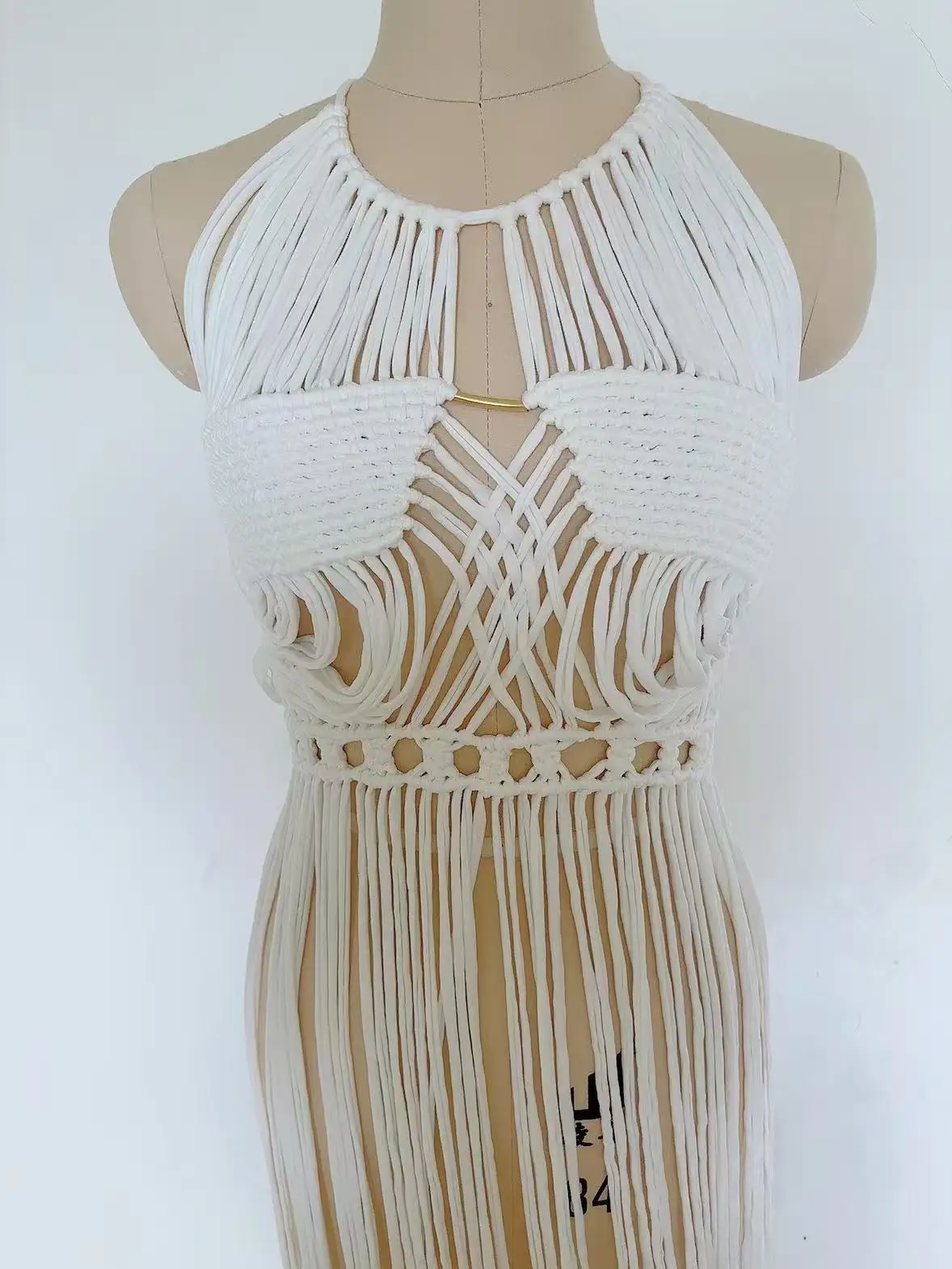 Handmade Goddess Macrame Beach Cover Up Boho Festival Dress Spartan Queen Costume Crochet Swimwear White Macrame Fringe Dress view 5