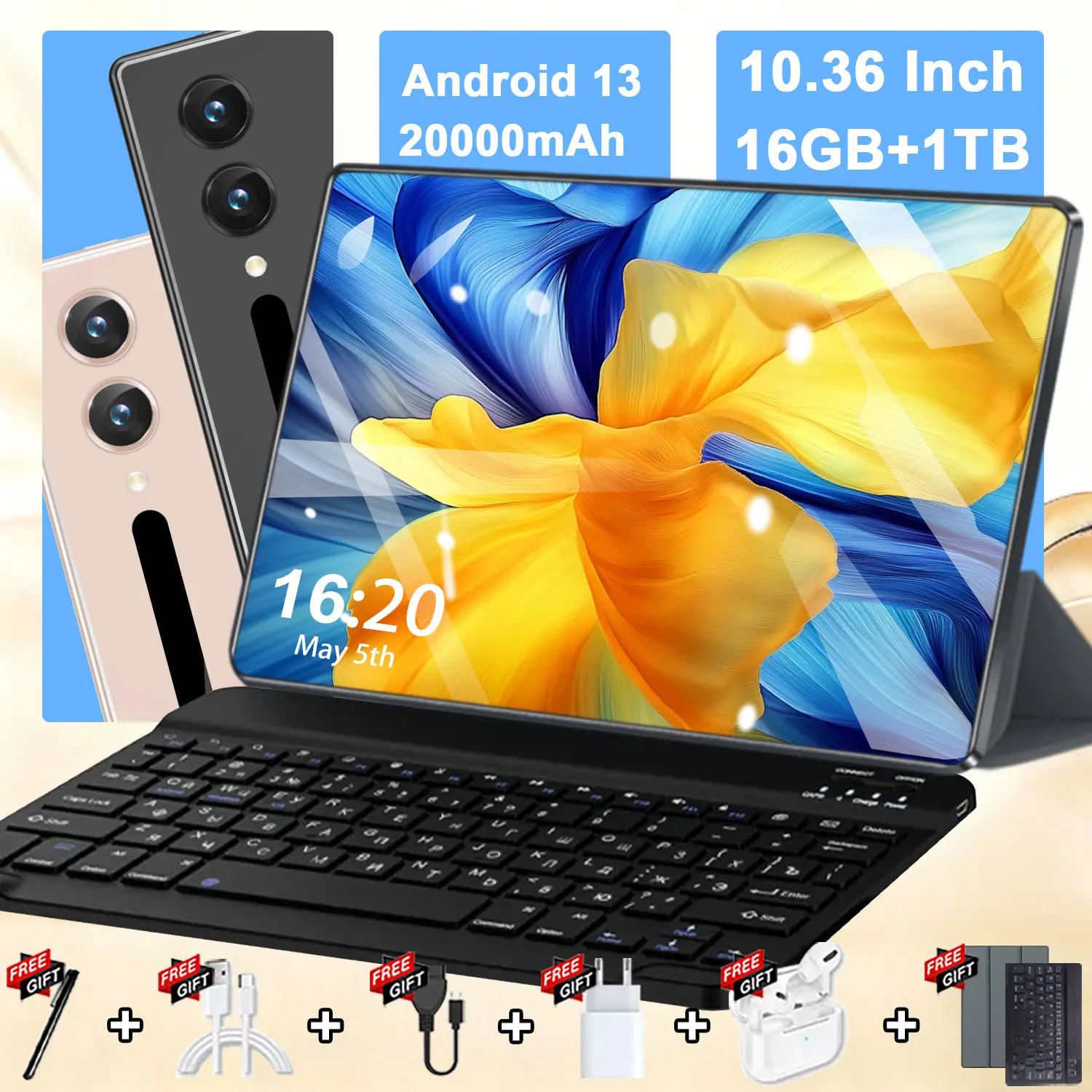 Tablet de 10.36 Pulgadas Android 16GB 1TB, Tablet Android con Red 5G, Pantalla HD, WIFI, Android 13.0, 14 Núcleos, WPS Office, Bluetooth, 16MP+32MP, Tipo-C, 20000mAh, Tablets PC, Gran Oferta