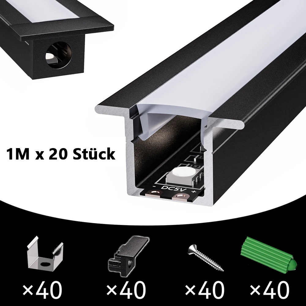 LED-Aluminiumprofil, LED-Track-Light-Design, LED-Kontur-Design,Mit Abdeckung, 10er / 20er/ 30er x 1 Meter langes Profilstück, für Led Streifen/Stripes/Strip