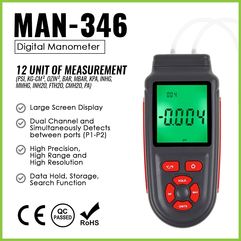 

Digital Manometer Air Pressure Portable Gas Gauge 12 Units U-type HVAC Air Vacuum Differential Tester Data Storage Function