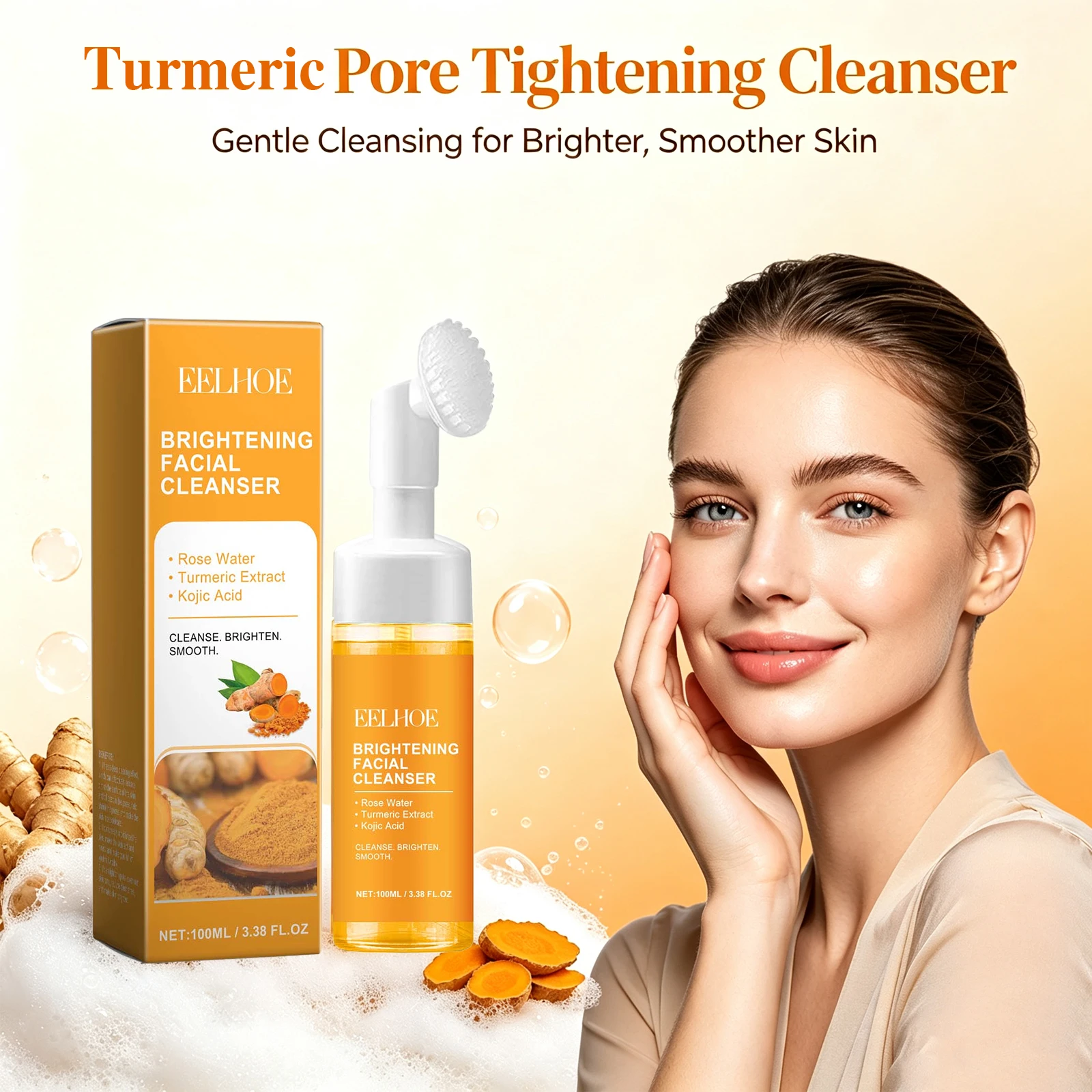Turmeric Brightening Facial Cleanser Kojic Acid Foaming Deep Cleansing Tightening Pores Exfoliating Remove Dirt Oil Control Enhance Glowing Facial Care
