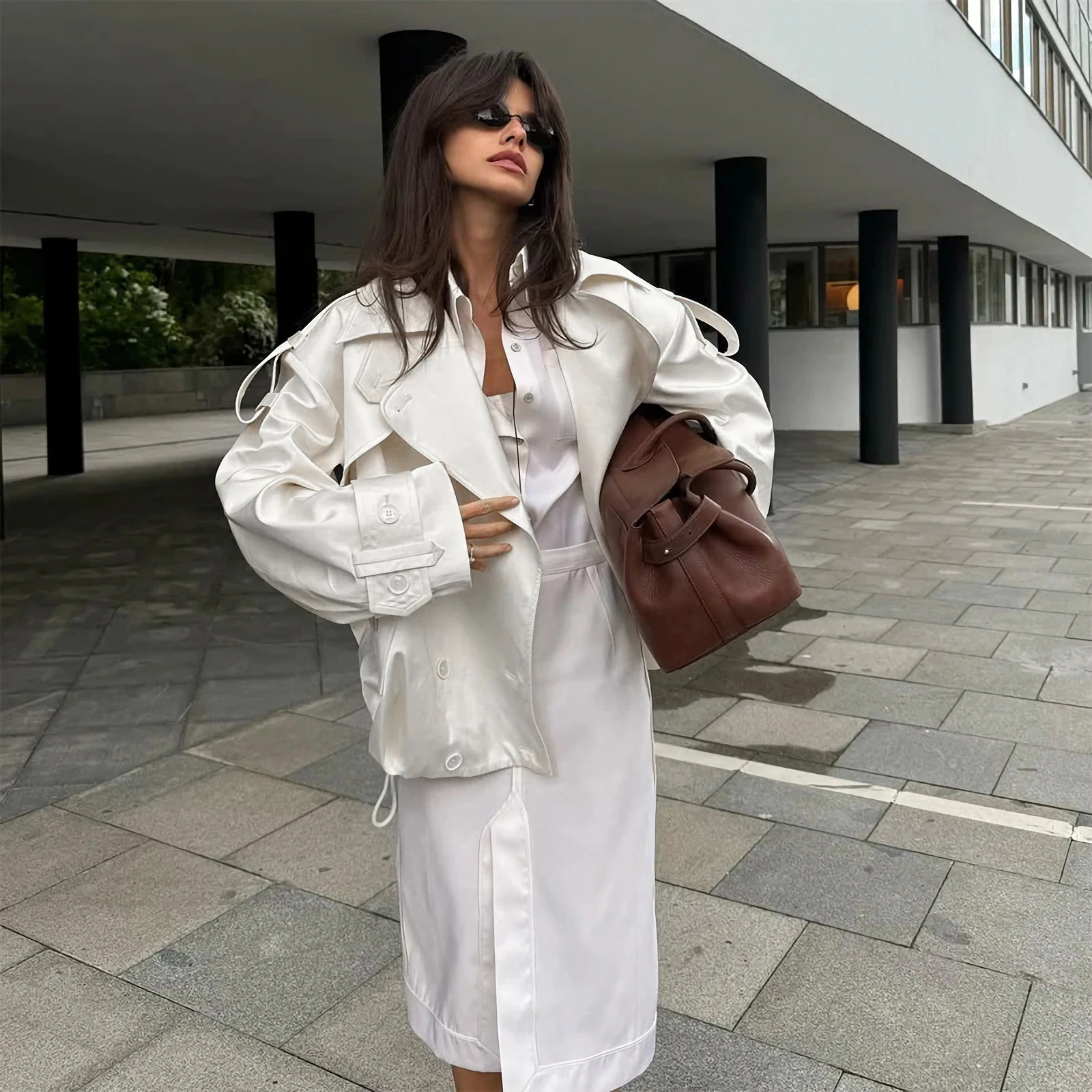 Women White Oversized Short Trench Coat Lapel Double Breasted Drawstring Windbreaker Shoulder Strap Loose Casual Jacket Outwear
