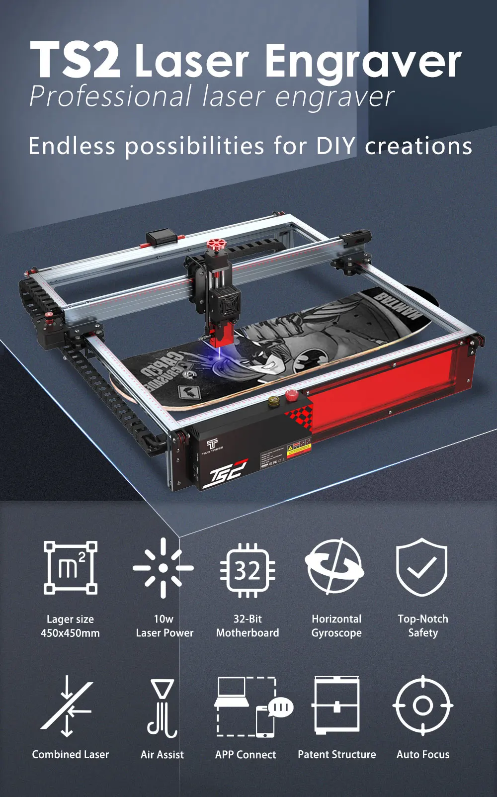 Twotrees TS2 10W Laser Engraver Compressed Spot Technology Emergency Stop Button Flame Detection CNC Laser Engraving Machine