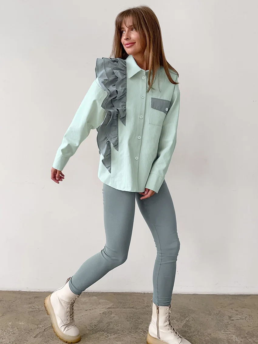 womens fashion 2024 flounce lapel single breasted irregular blouse casual color block loose blouse with pocket