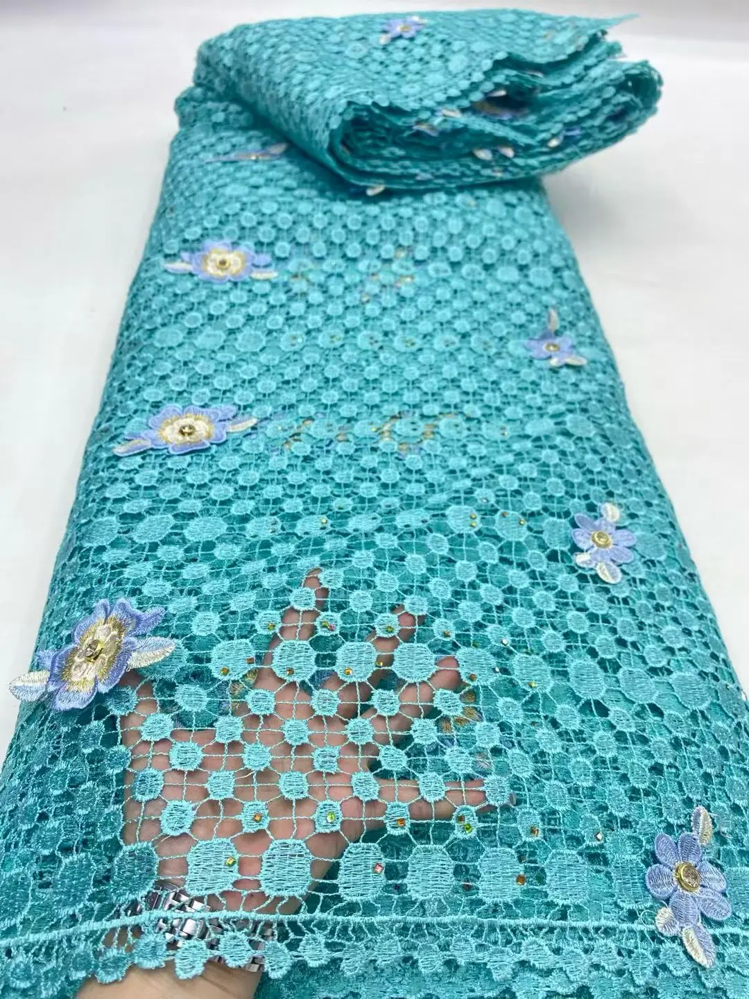 5 Yards High-Quality French African Soluble Stones Embroidery Lace Fabric for Women\'s Wedding Dress Sewing