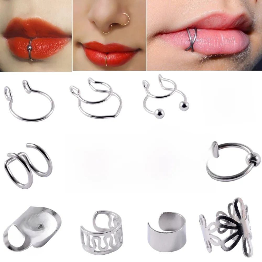1PC chirurgiczne stalowe nausznice ucha Helix chrząstka muszla mankiet regulowany rozmiar nos Hoop nie Pierce Lip Ring fałszywe biżuteria — zdjęcie 2