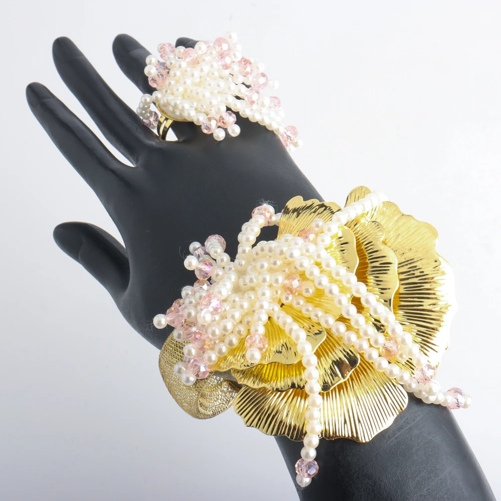 Perlenanhänger und große Ohrringe, Schmuckset für Frauen, Nigeria, Hochzeit, Party, Geschenk, modischer Armreif, Ring, Ohrring-Set, Jewelle – Detail 7
