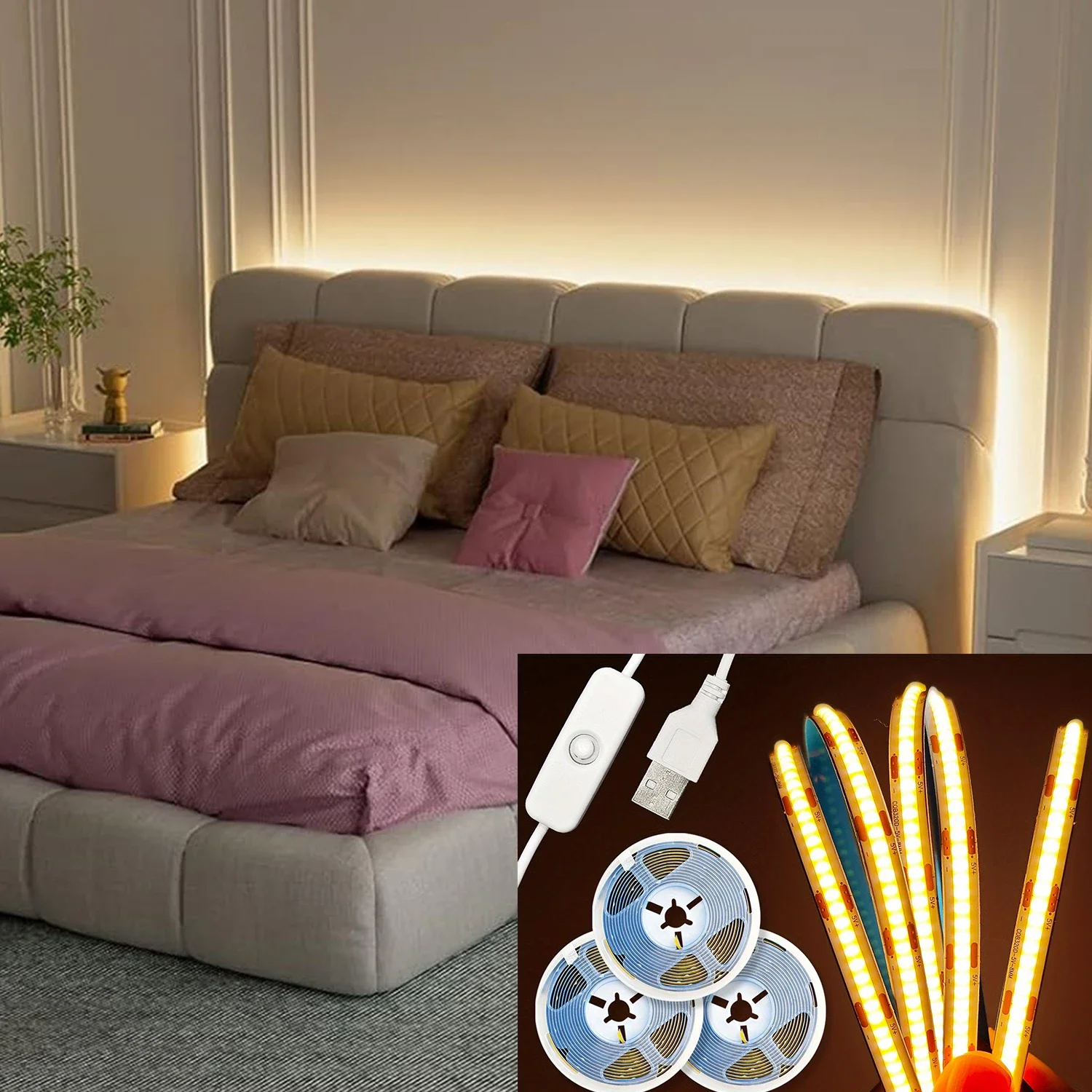 COB LED Strip Light Linear 5V High Density Flexible Ribbon Tape Button Switch RA90 320 Leds/m TV Backlight Room Kitchen Decor