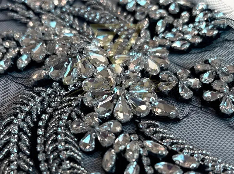 

1 Pair Black Crystal Bead Motif Applique For Dance Costume Rhinestone Bodice For Wedding Dress Ball Gown