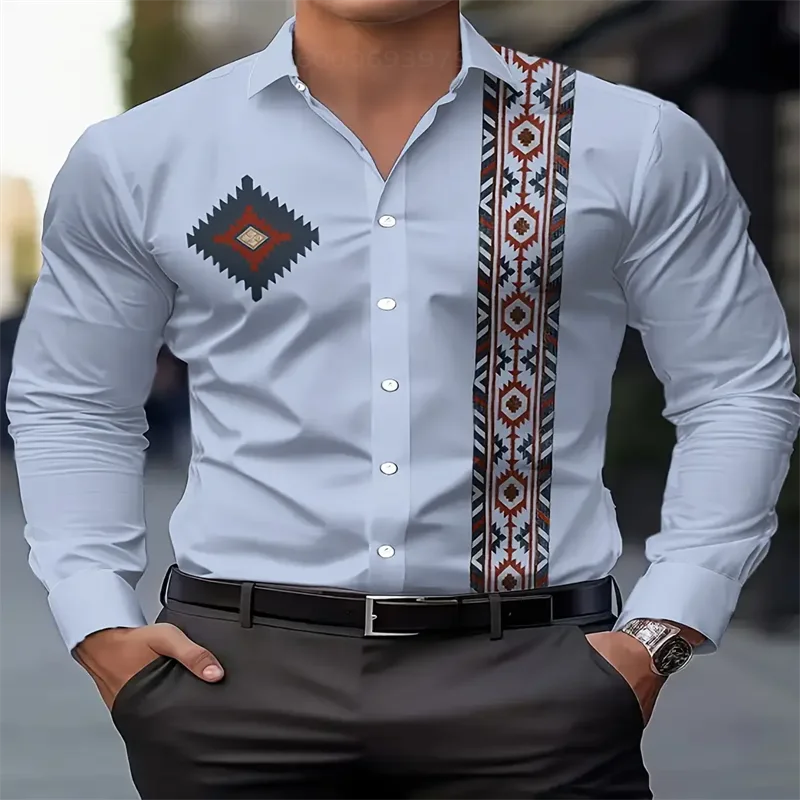 

Retro men's shirt ethnic style print long-sleeved lapel shirt, fashionable casual street men's lapel top