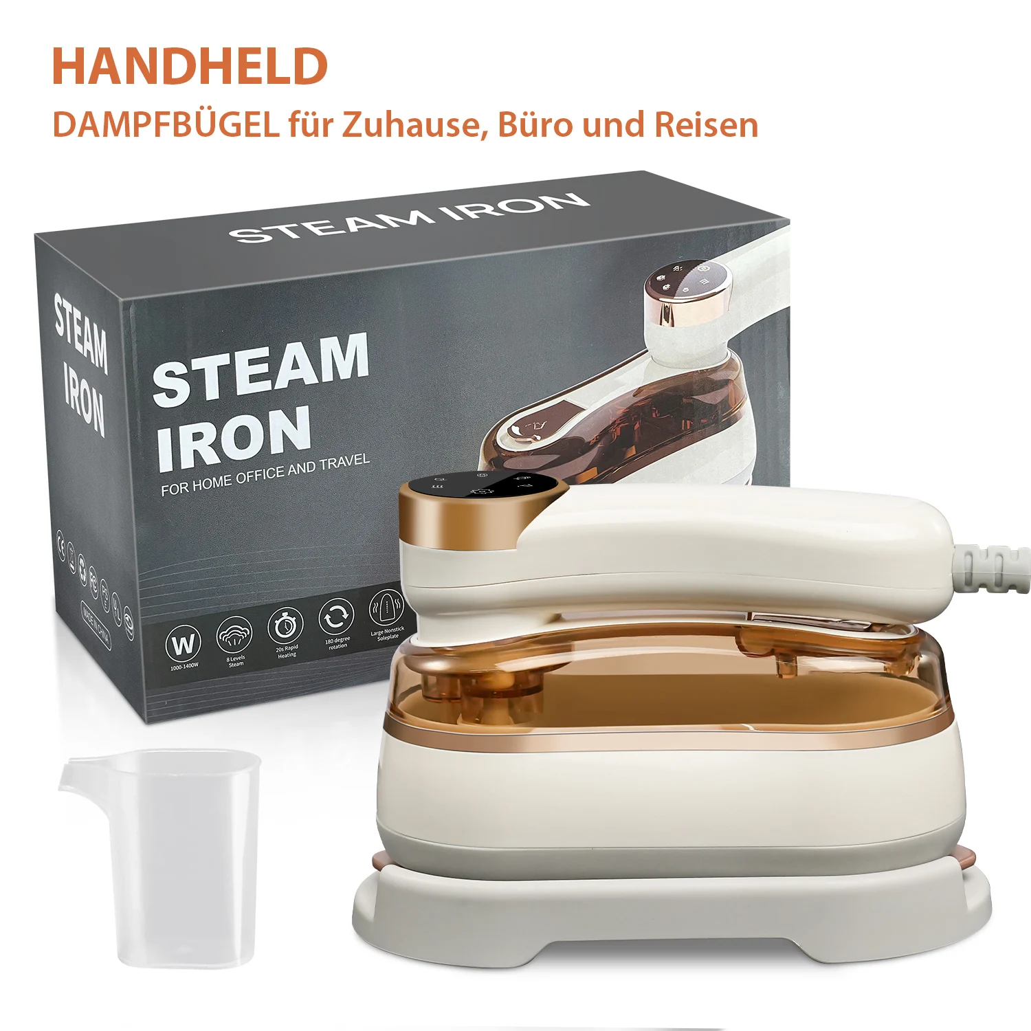 Plancha de vapor portátil para ropa, vaporizador de prendas de alta potencia de 1400 W con calentamiento rápido en 30 segundos, tanque de agua de 180 ml, 3 ajustes de temperatura