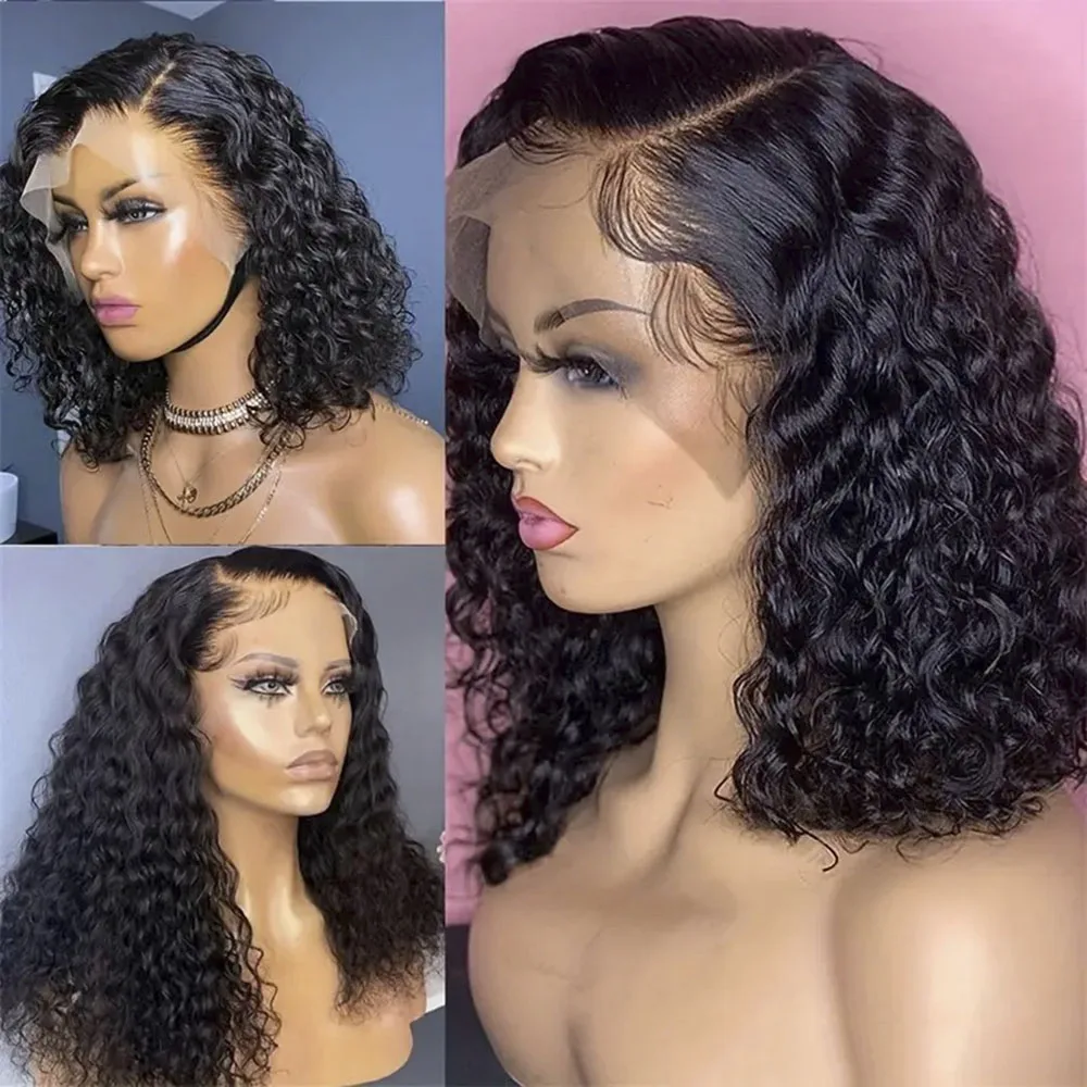 

Deep Curly Short Bob Side Part Wigs Brazilian HD Transparent 13x4 Lace Frontal Wig Human Hair 4x4 Lace Closure Wigs for Women