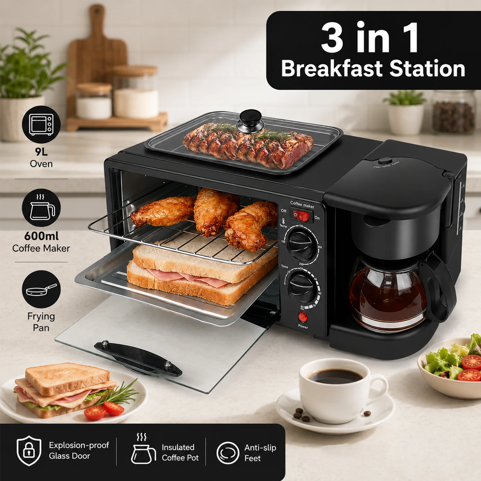 Machine à petit-déjeuner multifonctionnelle 220V, four de cuisson avec minuterie 30 min, cuisson par friture et préparation du café, cuisinière intégrée, porte en verre anti-explosion, poignée anti-brûlure, appareil de cuisine